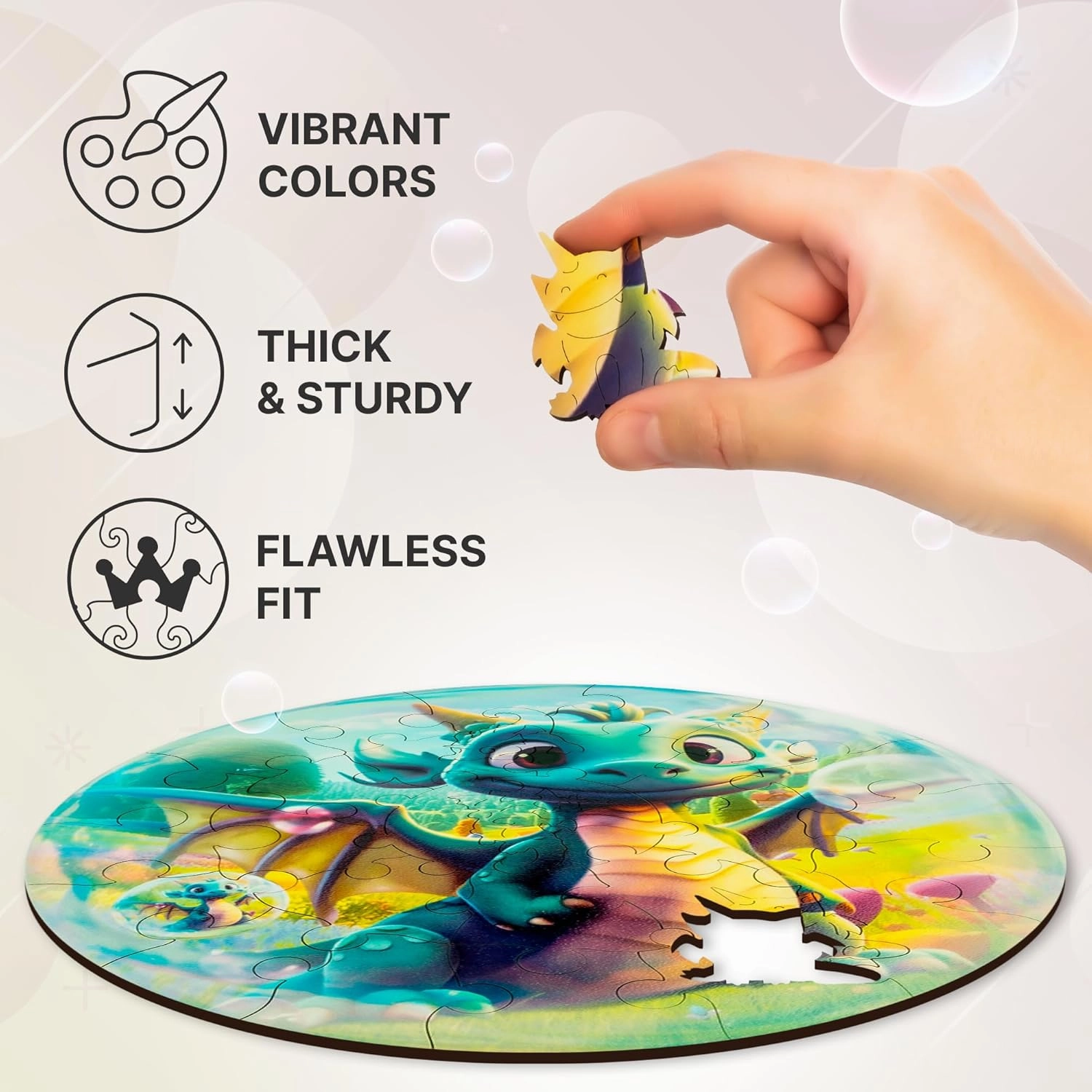 UNIDRAGON Original Wooden Jigsaw Puzzles for Kids Ages 3-5 — Bubblez Dragon — 30 Pieces Puzzle Round Shape 9.8×9.8 Inches Toddler Kids Activities Tiny Animals Preschool Toys Brain Teasers