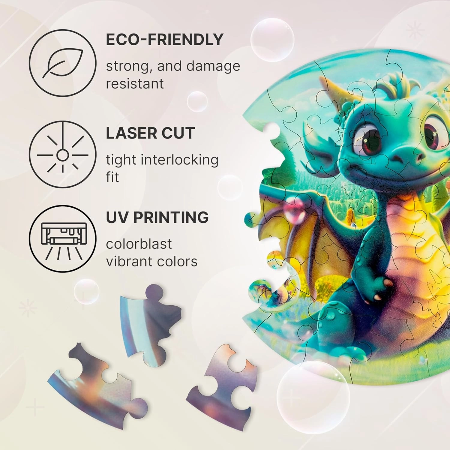UNIDRAGON Original Wooden Jigsaw Puzzles for Kids Ages 3-5 — Bubblez Dragon — 30 Pieces Puzzle Round Shape 9.8×9.8 Inches Toddler Kids Activities Tiny Animals Preschool Toys Brain Teasers