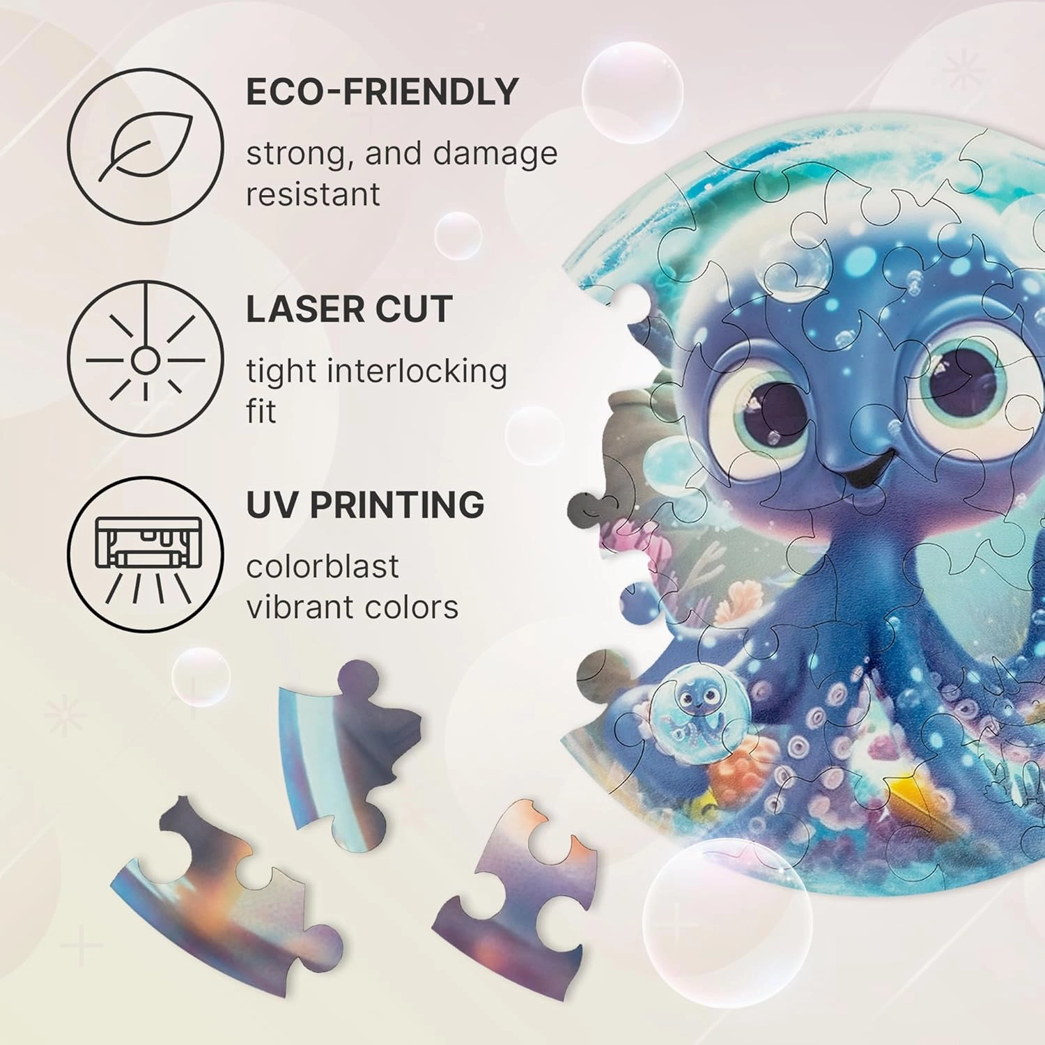 UNIDRAGON Original Wooden Jigsaw Puzzles for Kids Ages 3-5 — Bubblez Octopus — 30 Pieces Puzzle Round Shape 9.8×9.8 Inches Toddler Kids Activities Tiny Animals Preschool Toys Brain Teasers