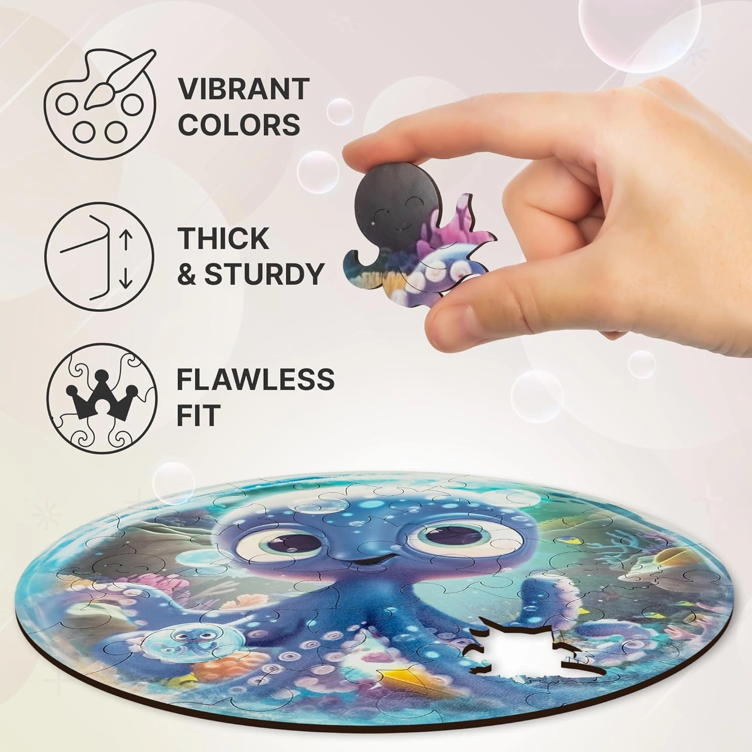 UNIDRAGON Original Wooden Jigsaw Puzzles for Kids Ages 3-5 — Bubblez Octopus — 30 Pieces Puzzle Round Shape 9.8×9.8 Inches Toddler Kids Activities Tiny Animals Preschool Toys Brain Teasers