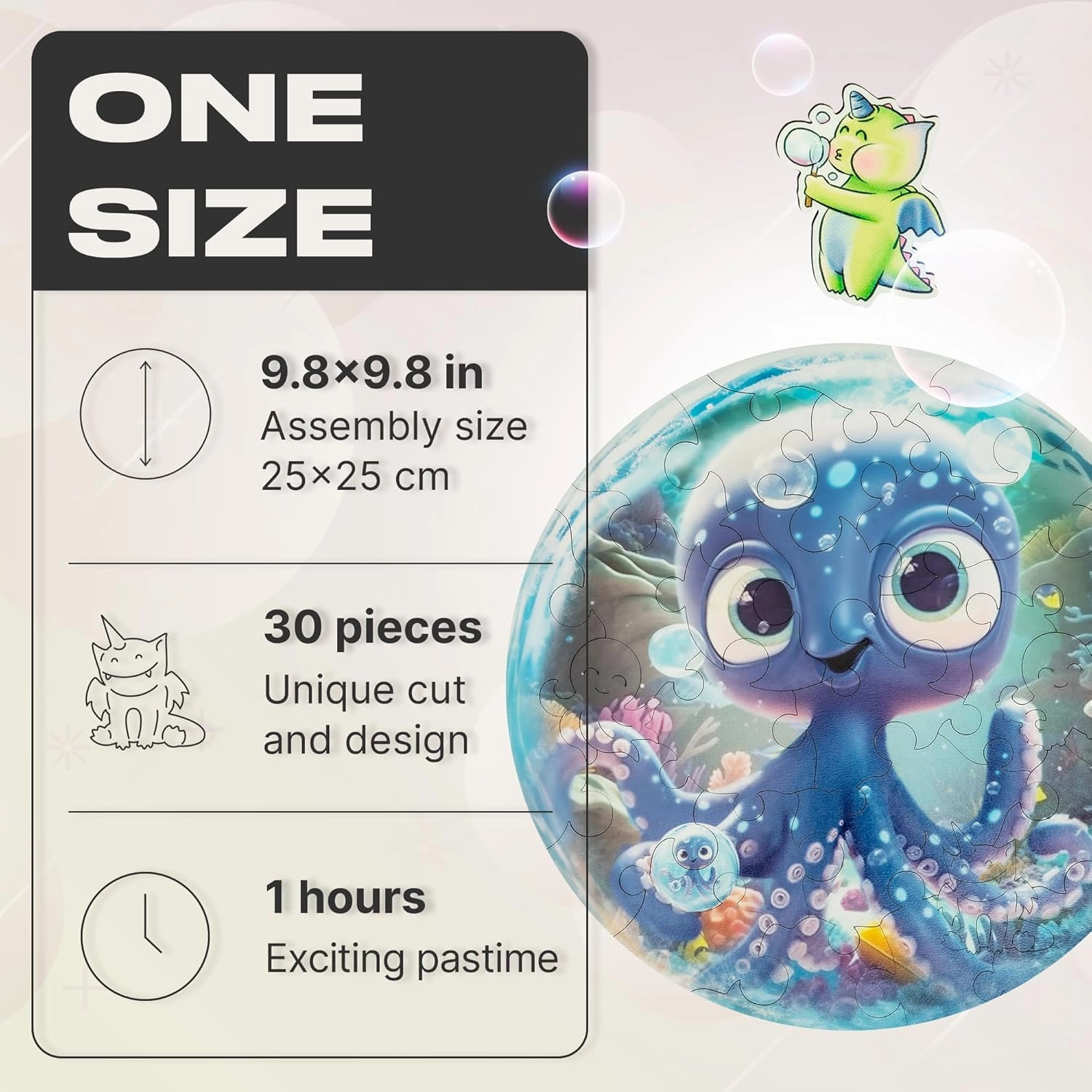 UNIDRAGON Original Wooden Jigsaw Puzzles for Kids Ages 3-5 — Bubblez Octopus — 30 Pieces Puzzle Round Shape 9.8×9.8 Inches Toddler Kids Activities Tiny Animals Preschool Toys Brain Teasers