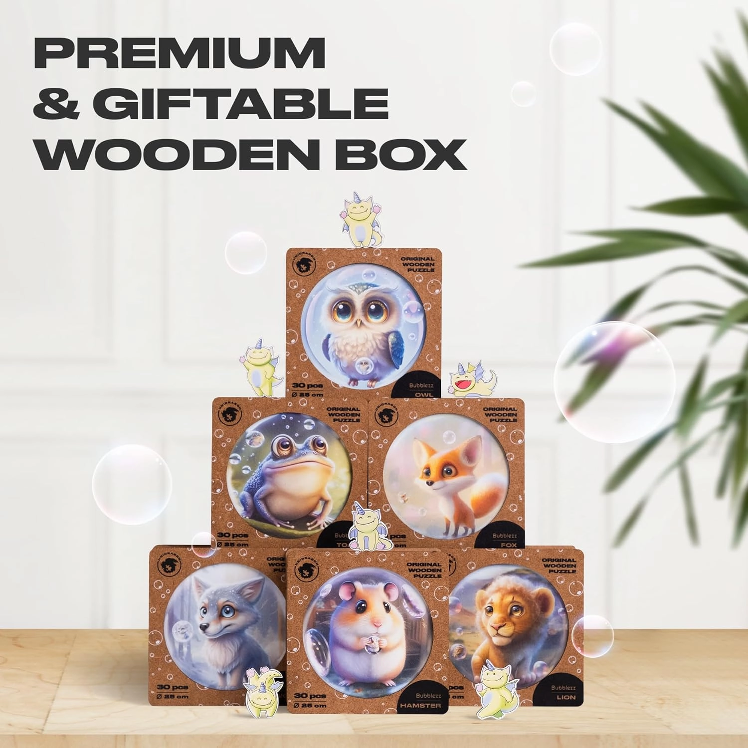 UNIDRAGON Wooden Puzzles for Adults Unique Jigsaw Puzzles - Medium Bubblez Owl 9.8" x 9.8" 30 PCS Deko Jigsaw Puzzles with Cut 0.03 mm Accuracy Tiny Animals
