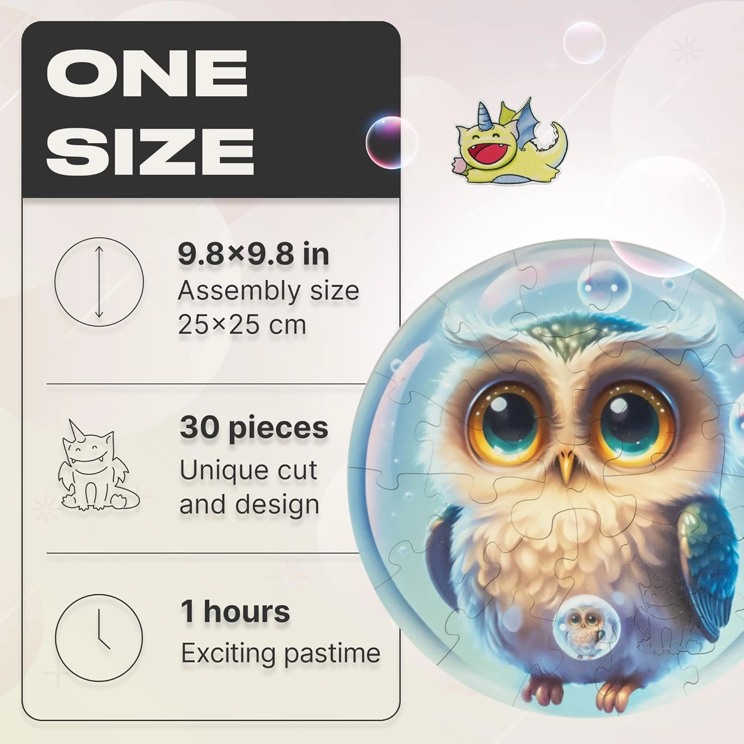 UNIDRAGON Wooden Puzzles for Adults Unique Jigsaw Puzzles - Medium Bubblez Owl 9.8" x 9.8" 30 PCS Deko Jigsaw Puzzles with Cut 0.03 mm Accuracy Tiny Animals