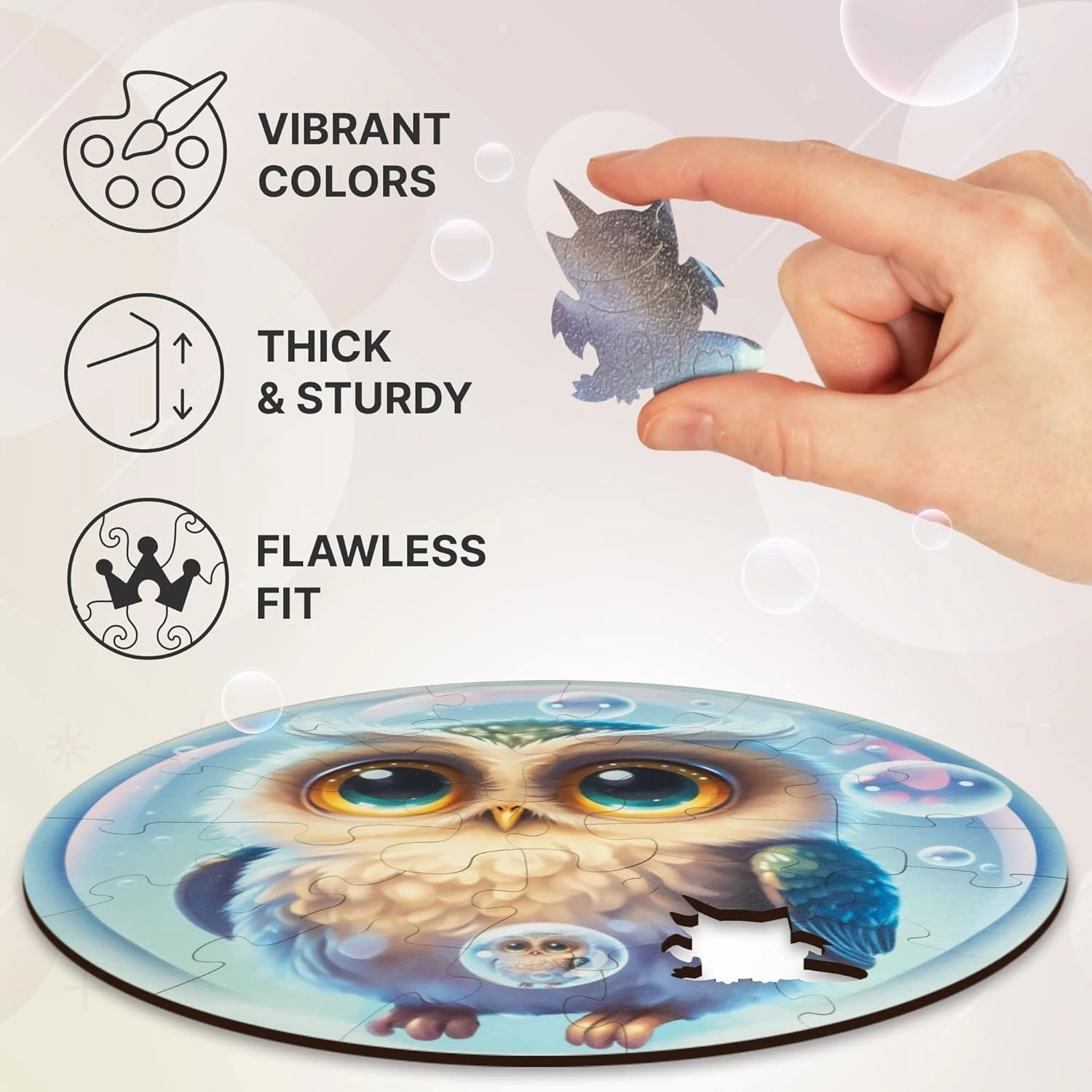 UNIDRAGON Wooden Puzzles for Adults Unique Jigsaw Puzzles - Medium Bubblez Owl 9.8" x 9.8" 30 PCS Deko Jigsaw Puzzles with Cut 0.03 mm Accuracy Tiny Animals