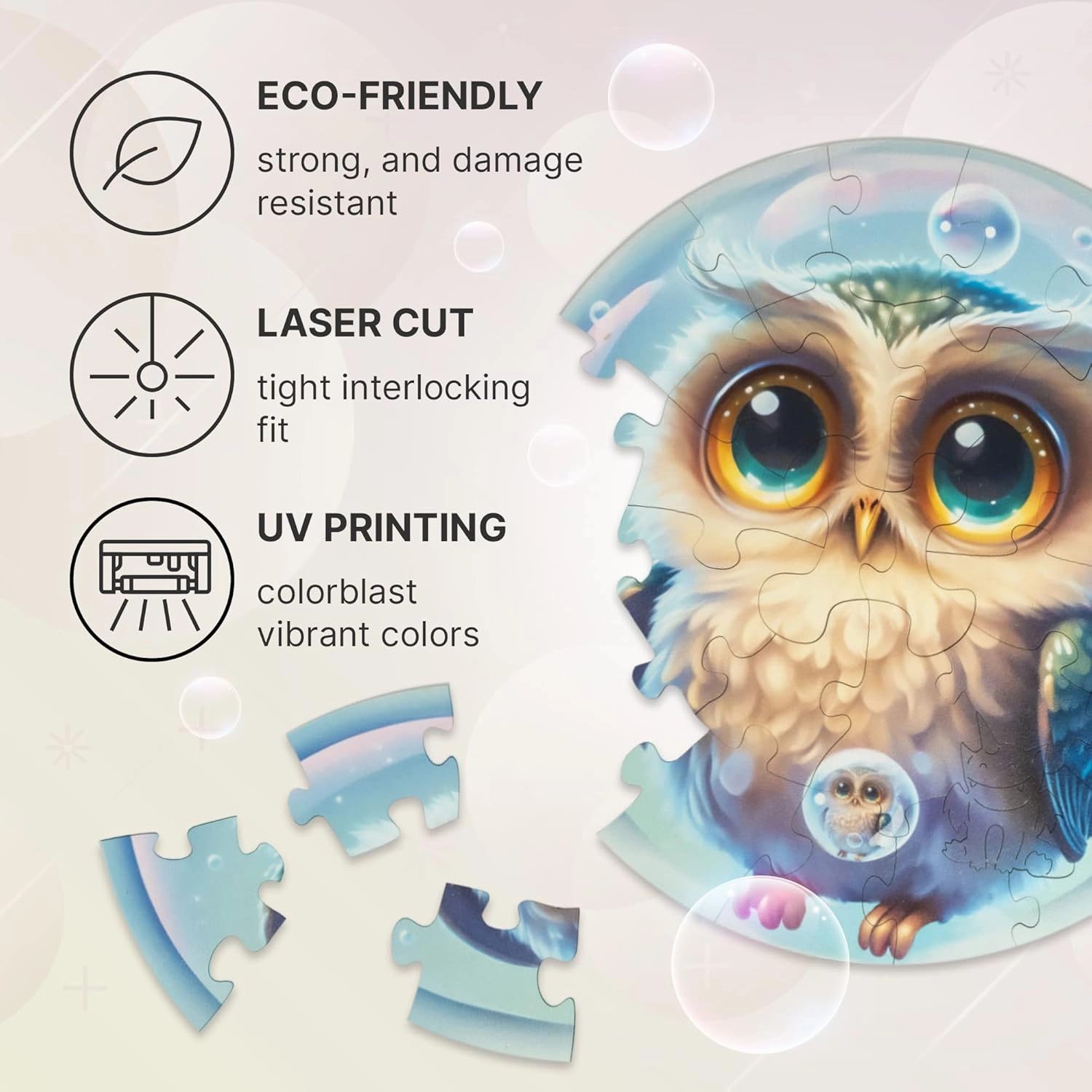 UNIDRAGON Wooden Puzzles for Adults Unique Jigsaw Puzzles - Medium Bubblez Owl 9.8" x 9.8" 30 PCS Deko Jigsaw Puzzles with Cut 0.03 mm Accuracy Tiny Animals