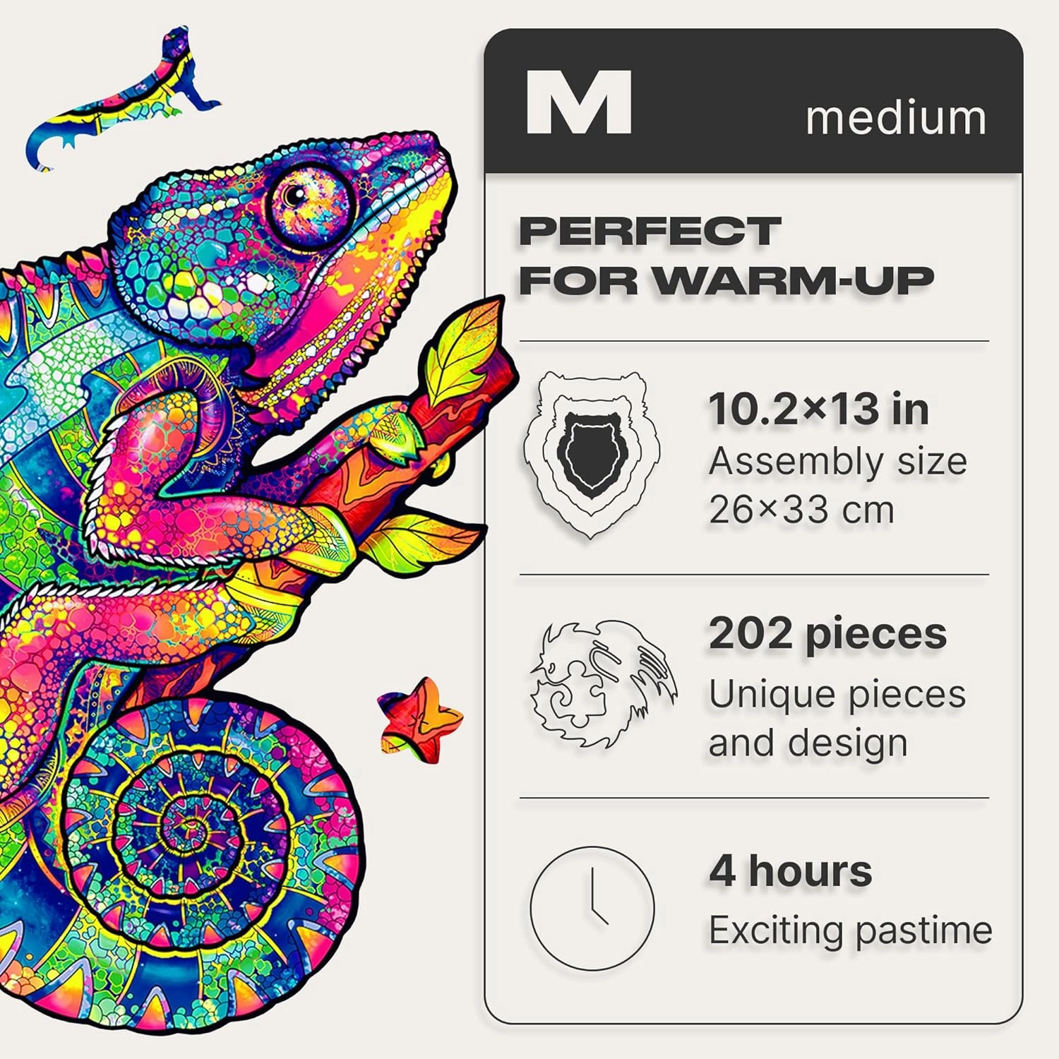 UNIDRAGON Wooden Puzzles for Adults Unique Jigsaw Puzzles - Medium Iridescent Chameleon 10.2"x13" 202 PCS Deko with Cut 0.03 mm Wood Accuracy Animal