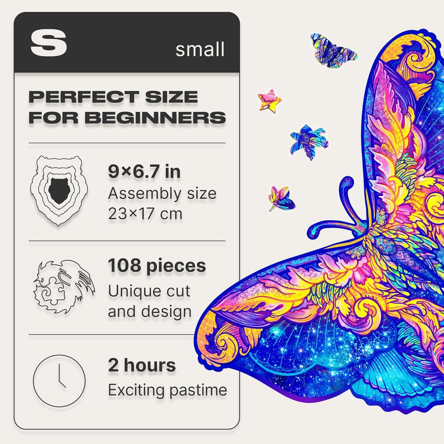 UNIDRAGON Wooden Puzzles for Adults Unique Jigsaw Puzzles - Small Intergalaxy Butterfly 9"x6.7" 108 PCS Deko with Cut 0.03 mm Wood Accuracy Animal