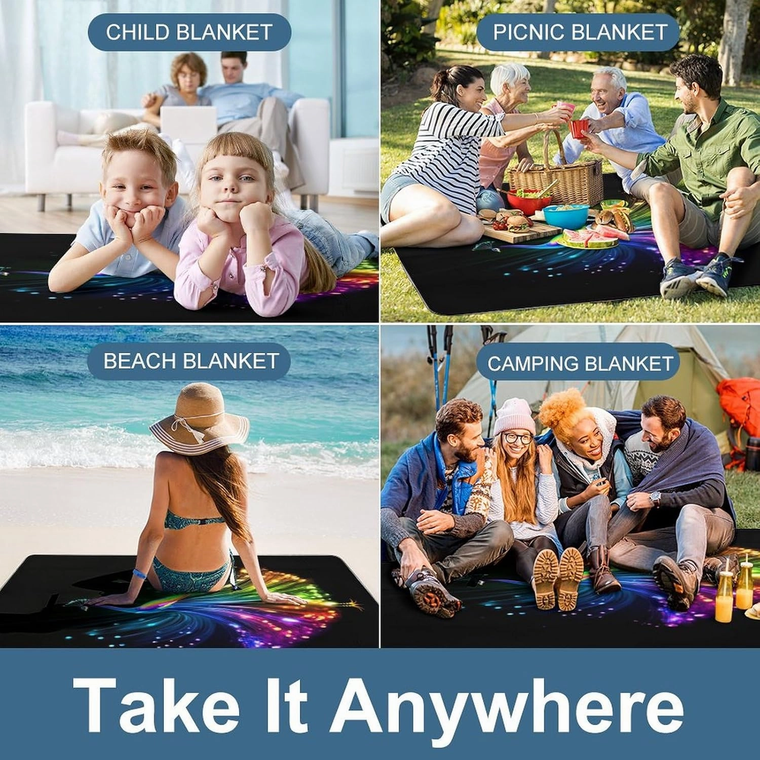 Unique Pattern Outdoor Mat for Women Men, Sandproof Waterproof Rainbow Peacock Painting Black Blankets for Camping Park Travel Beach