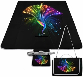Unique Pattern Outdoor Mat for Women Men, Sandproof Waterproof Rainbow Peacock Painting Black Blankets for Camping Park Travel Beach