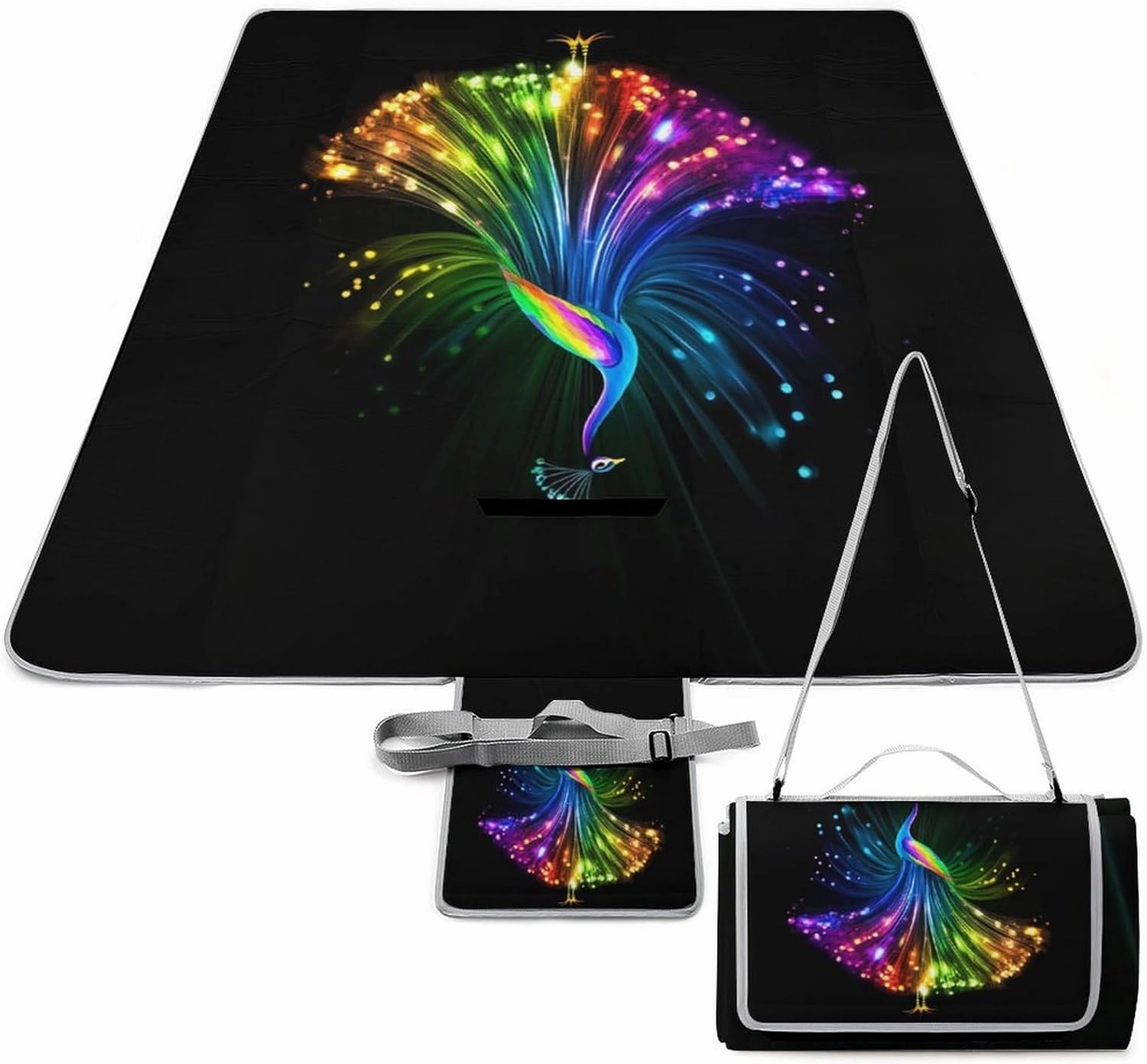Unique Pattern Outdoor Mat for Women Men, Sandproof Waterproof Rainbow Peacock Painting Black Blankets for Camping Park Travel Beach