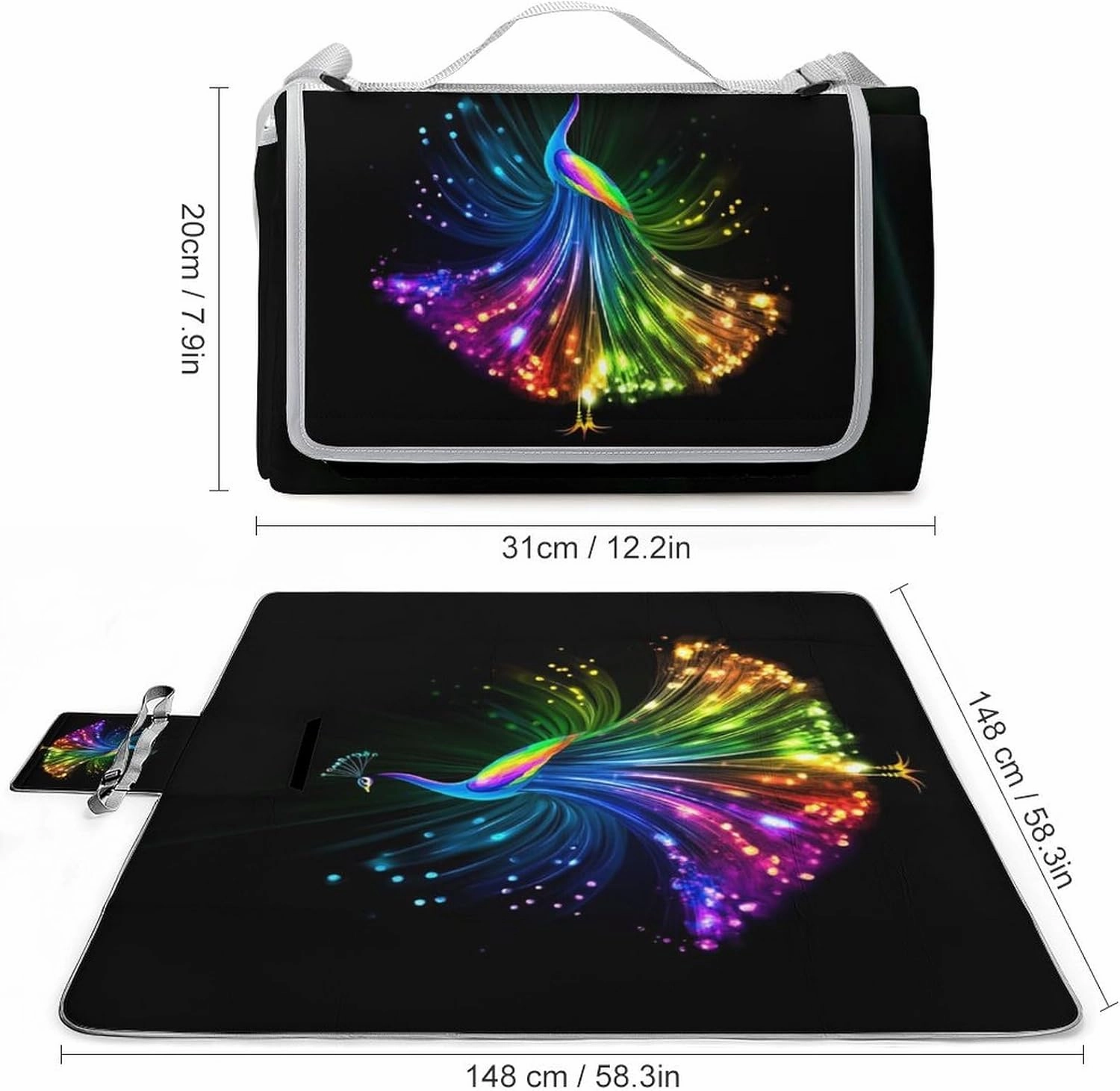Unique Pattern Outdoor Mat for Women Men, Sandproof Waterproof Rainbow Peacock Painting Black Blankets for Camping Park Travel Beach
