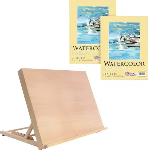 U.S. Art Supply Large 18-1/2" Wide x 14-1/8" (A3) Tall Artist Adjustable Wood Drawing Board Bundle with 2 Packs, 9" x 12" Premium Extra Heavy-Weight Watercolor Painting Paper Pad, 90 Pound (190gsm)