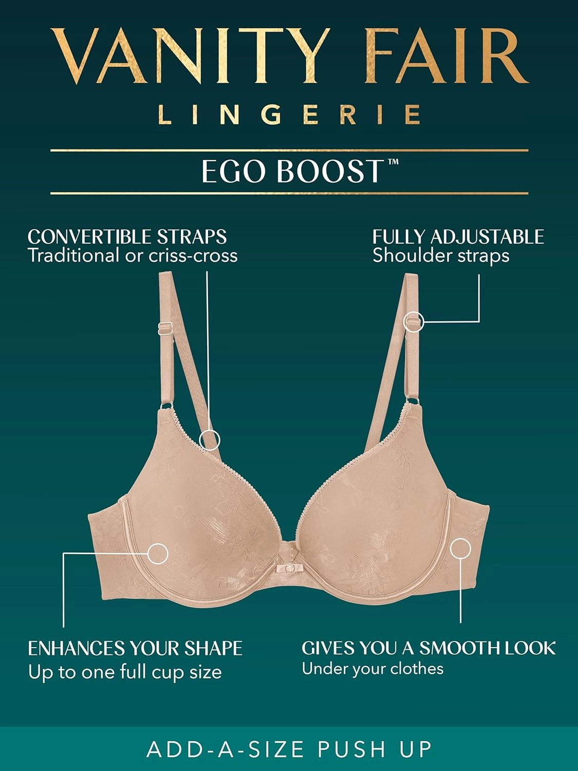 Vanity Fair Women's Ego Boost Push Up Bra, Adds Up to One Full Cup Size, Underwire Push Up Bras for Women
