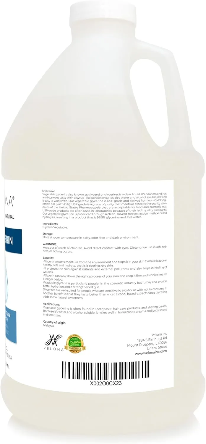 velona Glycerin Vegetable USP Grade 1 Gallon / 128 Fl Oz | 100% Pure and Natural Carrier Oil | Hair and Face Moisturizer for Dry Skin, Bubble Bath, Glycerin Soap, Soap Base | Enjoy Results