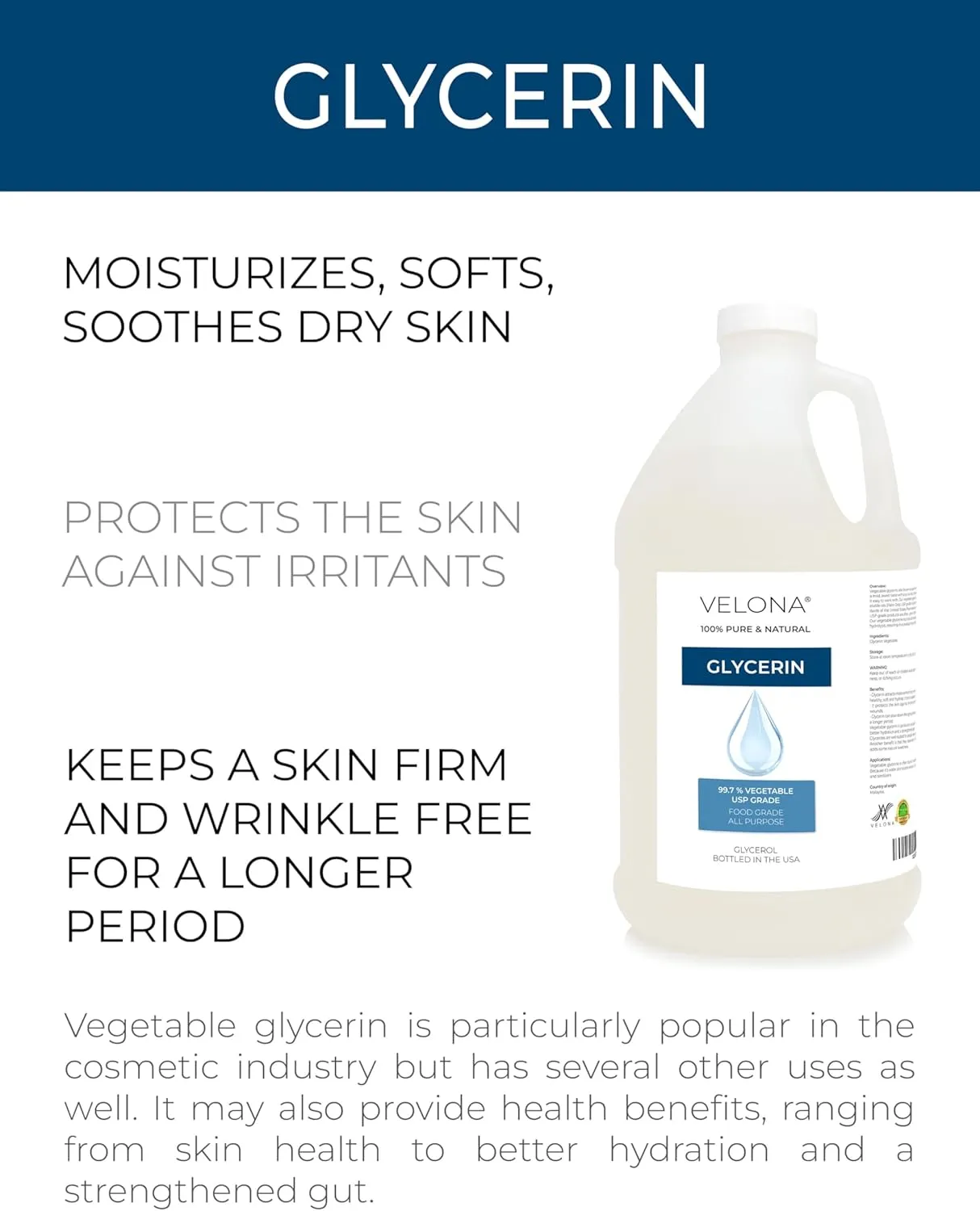 velona Glycerin Vegetable USP Grade 1 Gallon / 128 Fl Oz | 100% Pure and Natural Carrier Oil | Hair and Face Moisturizer for Dry Skin, Bubble Bath, Glycerin Soap, Soap Base | Enjoy Results