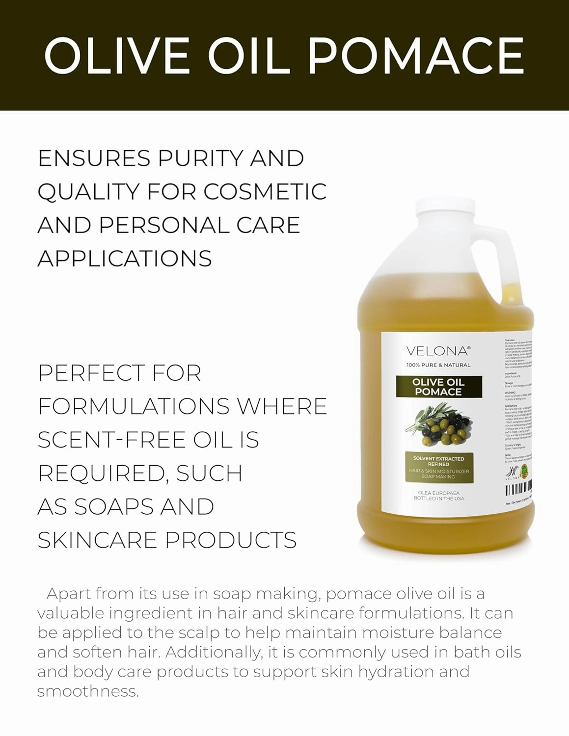 velona Olive Pomace Oil 64 Fl Oz | 100% Pure and Natural Carrier Oil | Refined | Skin, Hair, Body & Face Moisturizing | Use Today - Enjoy Results.