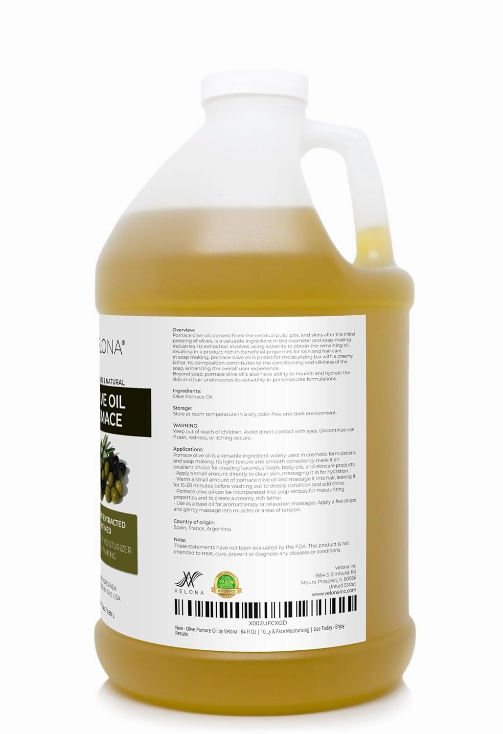 velona Olive Pomace Oil 64 Fl Oz | 100% Pure and Natural Carrier Oil | Refined | Skin, Hair, Body & Face Moisturizing | Use Today - Enjoy Results.