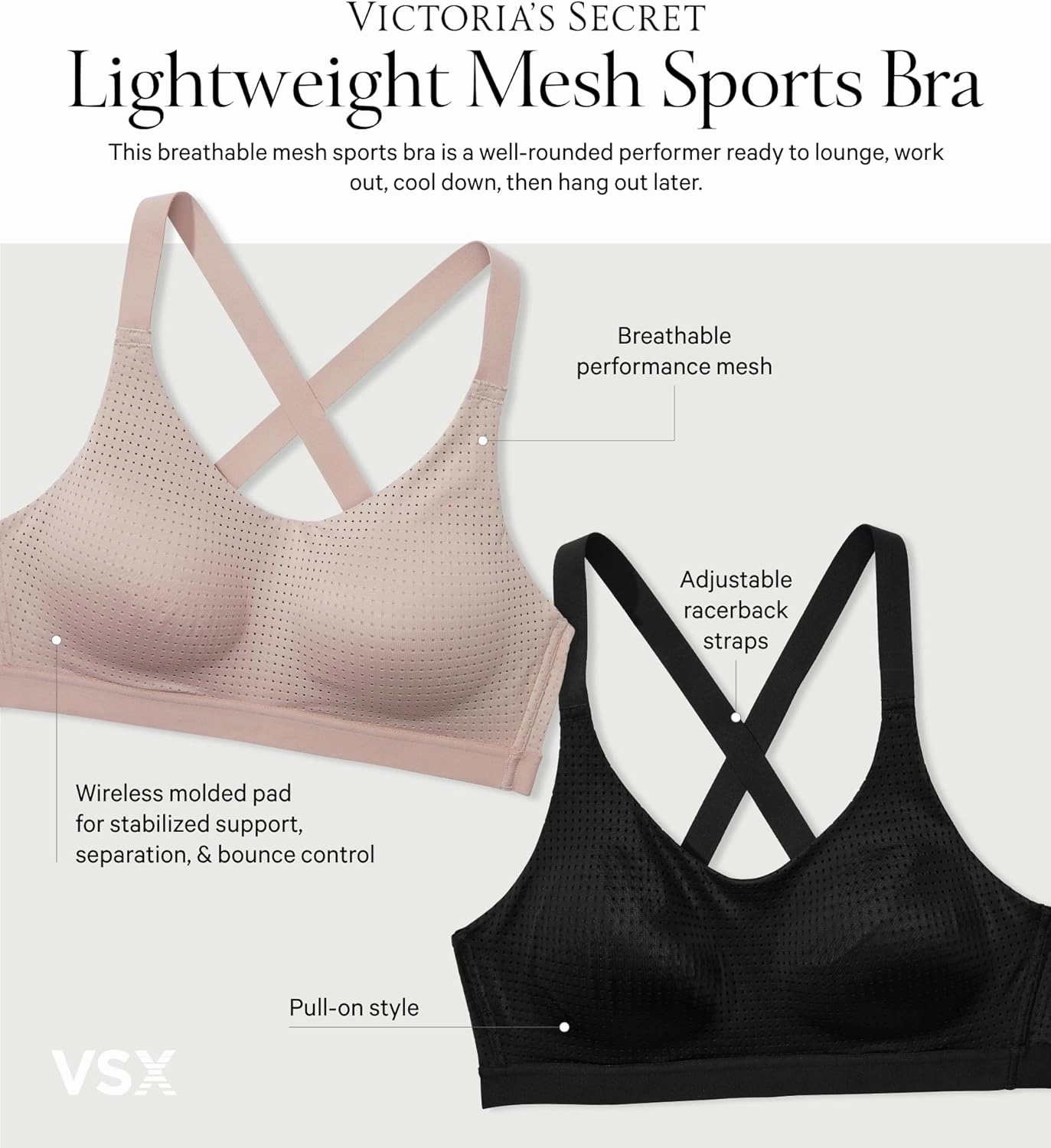 Victoria's Secret Women's VSX Lightweight Mesh Sports Bra, Medium Wireless Support (32A-38DD)