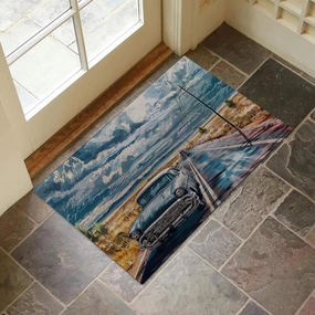 Vintage Car Route 66 Indoor Door Mat for Entryway, 17x29.5 Inch, Retro Road Trip Scene Floor Doormat for Home Decor, Non-Slip Rug Mat for Living Room, Kitchen, Bedroom, Gifts for Car Lovers