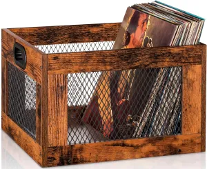 Vinyl Record Storage Crate Wooden Record Holder, Classic Cube Record Organizer Storage 100  Records, Brown Color Vinyl Record Holder for Albums Super Easy to Assemble…