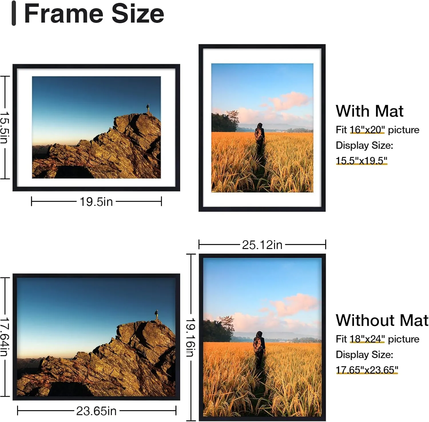 Vittanly 18x24 Picture Frame with Plexiglass - Large Black Poster Frame for Wall Display - Includes 16x20 Mat, Made of Durable PVC Design - 1 Pack