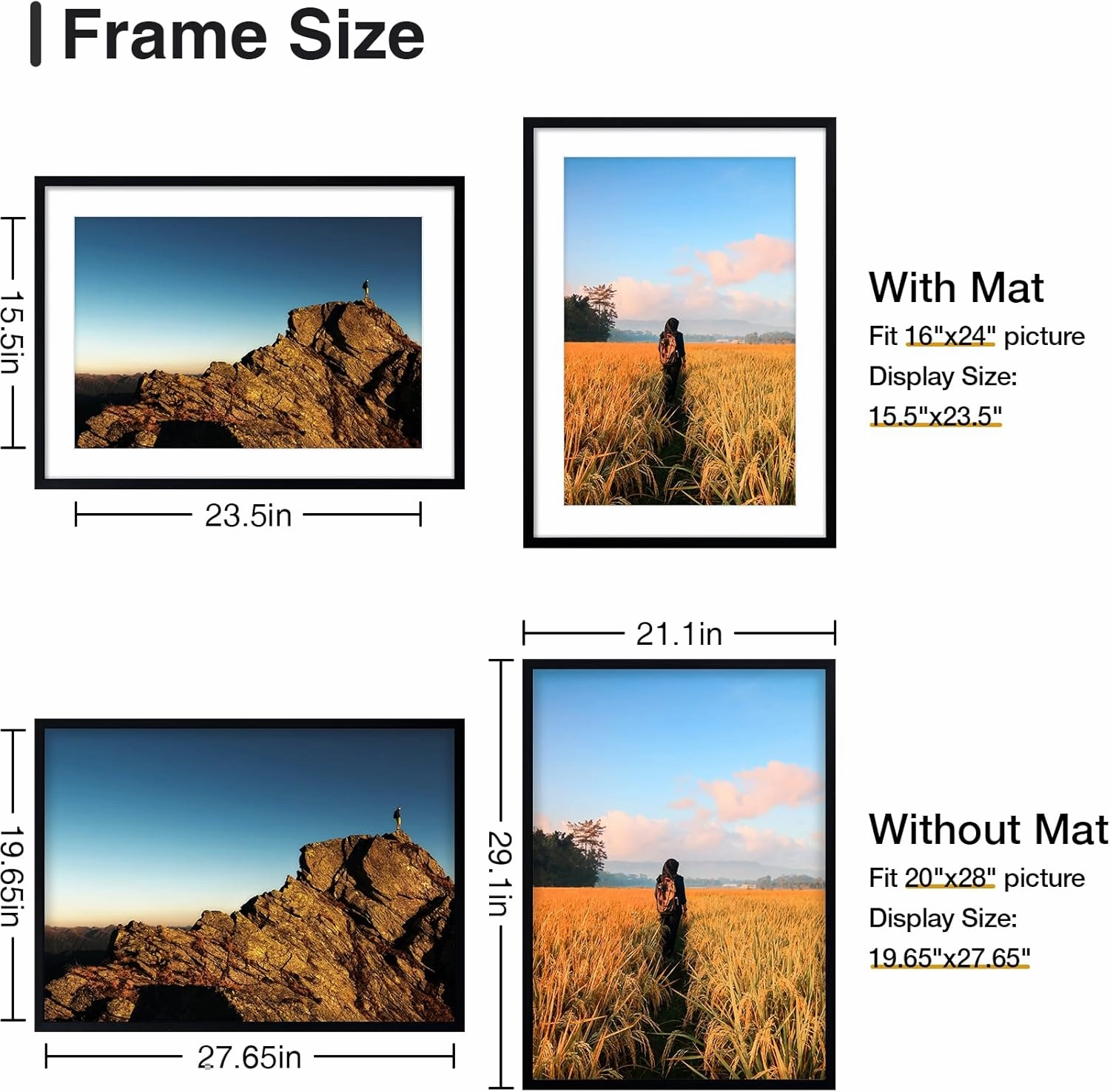 Vittanly 20x28 Picture Frame with Plexiglass - Large Black Poster Frame for Wall Display - Includes 16x24 Mat, Made of Durable PVC Design - 1 Pack
