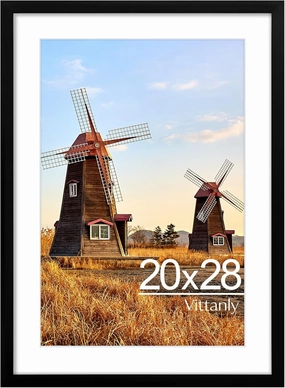 Vittanly 20x28 Picture Frame with Plexiglass - Large Black Poster Frame for Wall Display - Includes 16x24 Mat, Made of Durable PVC Design - 1 Pack