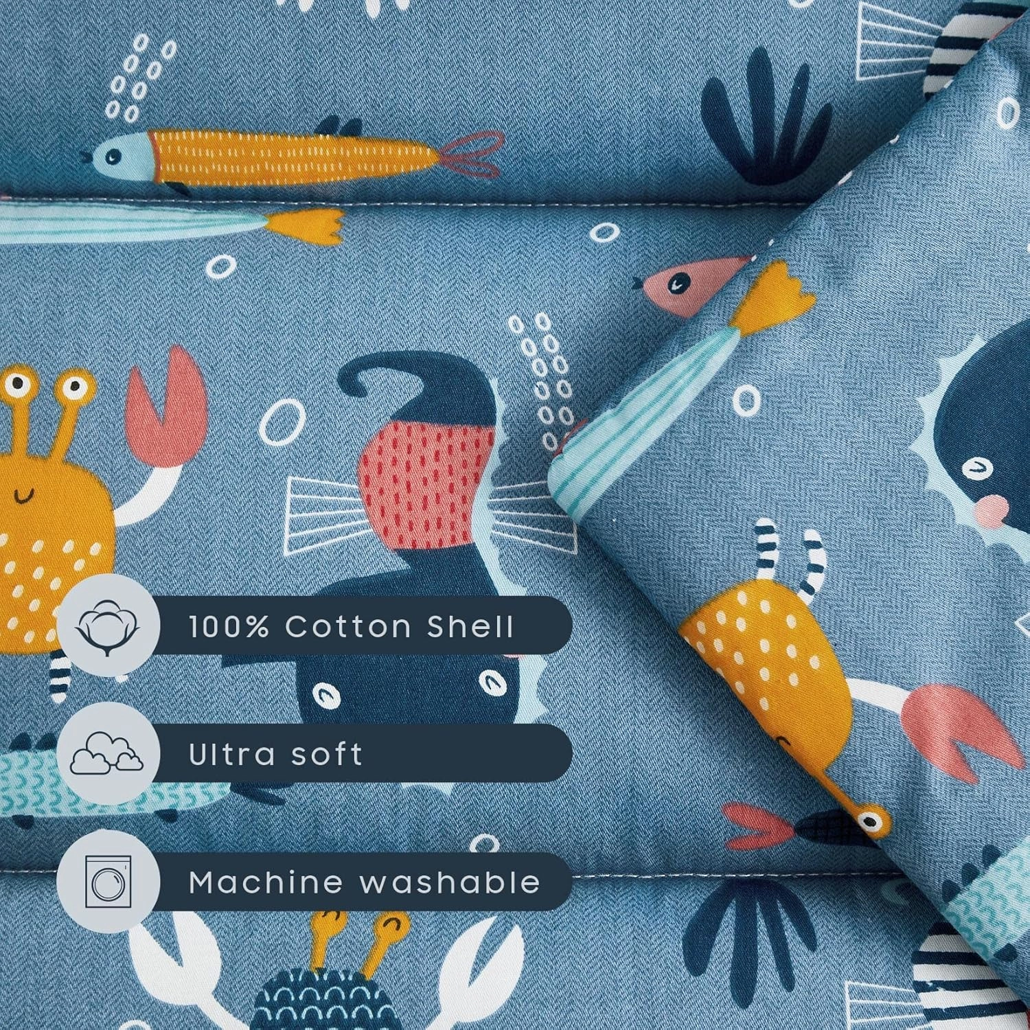 Wake In Cloud - Toddler Nap Mat with Pillow and Blanket, 100% Cotton Fabric, for Kids Boys Girls in Daycare Kindergarten Preschool, Roll Up Sleeping Bag, Blue Sea World, Standard
