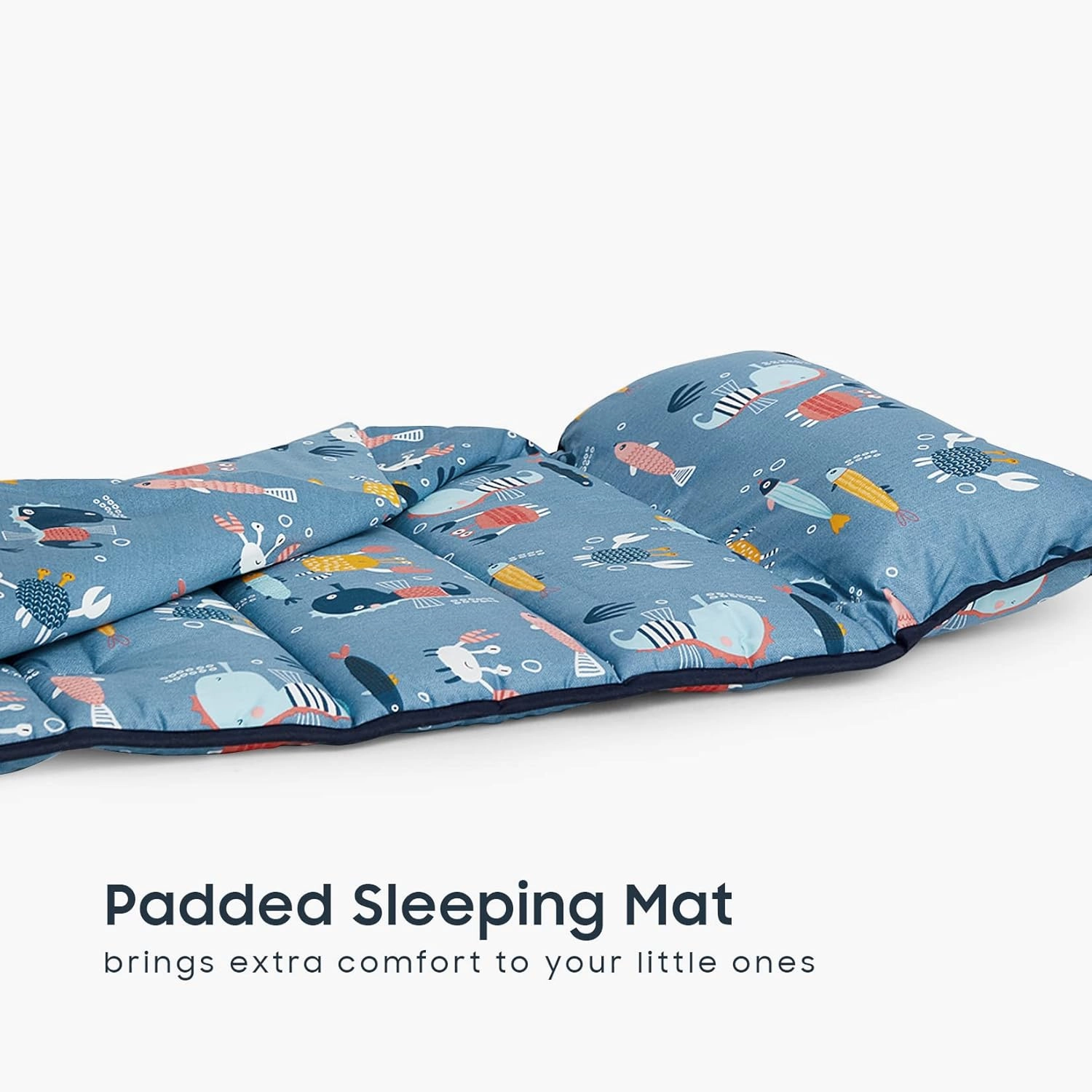 Wake In Cloud - Toddler Nap Mat with Pillow and Blanket, 100% Cotton Fabric, for Kids Boys Girls in Daycare Kindergarten Preschool, Roll Up Sleeping Bag, Blue Sea World, Standard