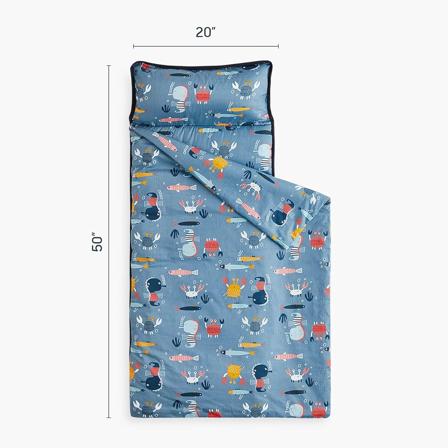 Wake In Cloud - Toddler Nap Mat with Pillow and Blanket, 100% Cotton Fabric, for Kids Boys Girls in Daycare Kindergarten Preschool, Roll Up Sleeping Bag, Blue Sea World, Standard