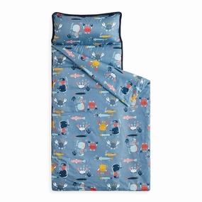 Wake In Cloud - Toddler Nap Mat with Pillow and Blanket, 100% Cotton Fabric, for Kids Boys Girls in Daycare Kindergarten Preschool, Roll Up Sleeping Bag, Blue Sea World, Standard