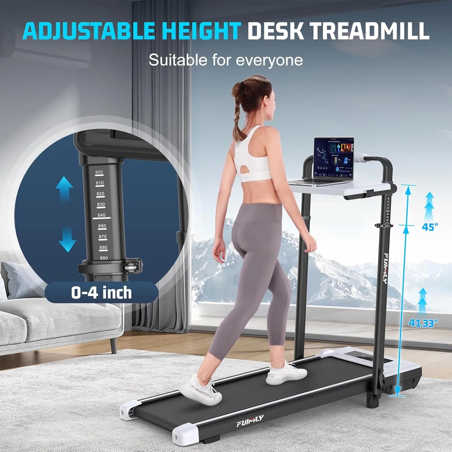 Walking Pad Treadmill with Desk Workstation, Incline Foldable Treadmill with Handrail, 300lbs Capacity, 3 Control Methods, Folding Treadmills for Home Office