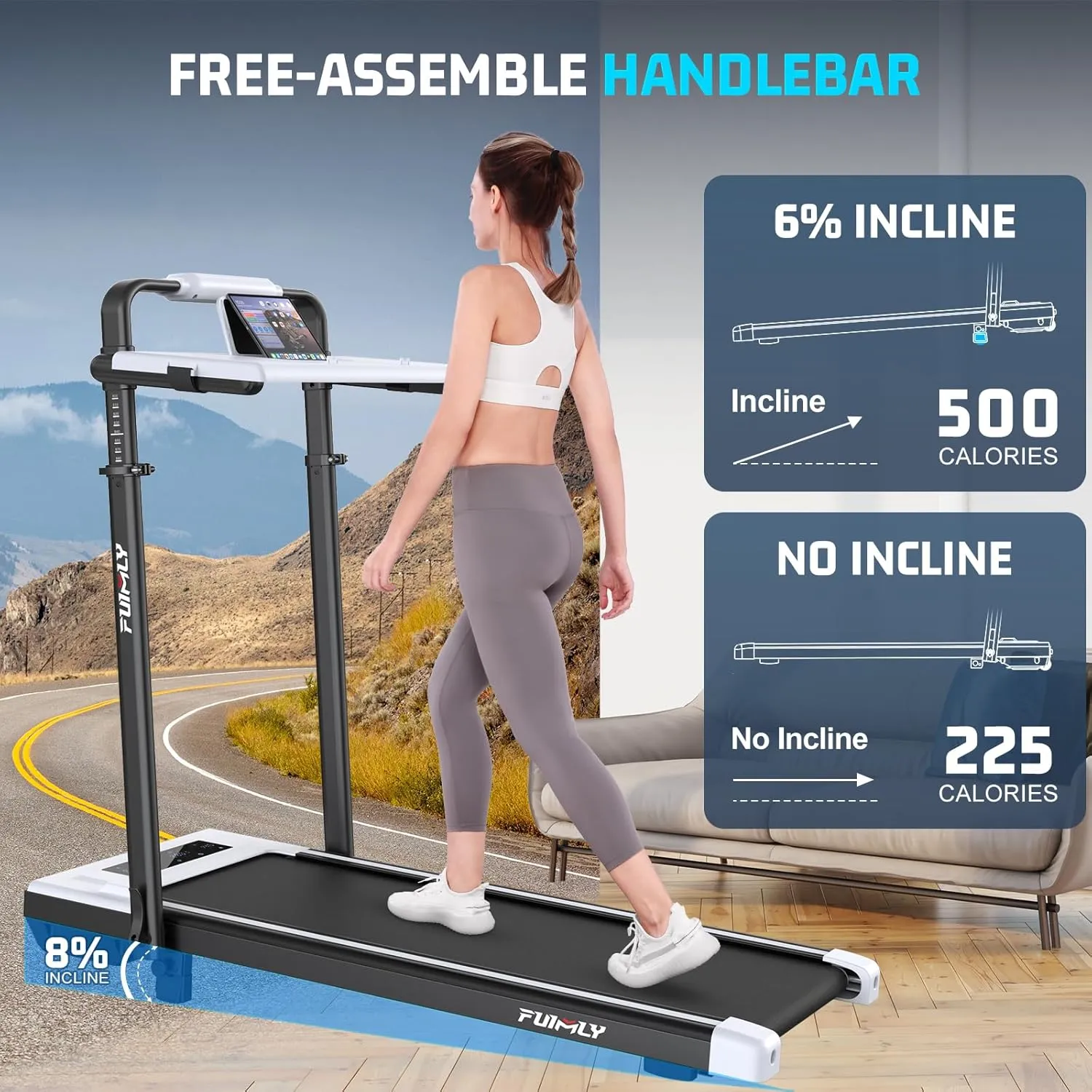 Walking Pad Treadmill with Desk Workstation, Incline Foldable Treadmill with Handrail, 300lbs Capacity, 3 Control Methods, Folding Treadmills for Home Office