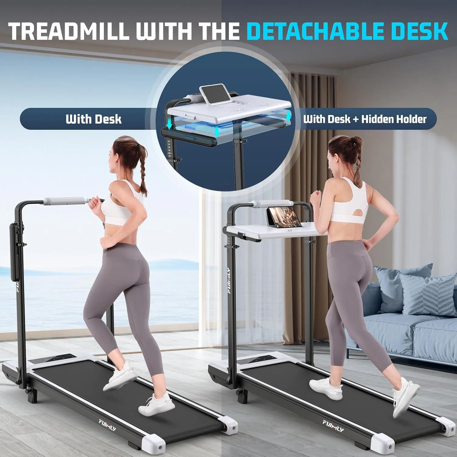 Walking Pad Treadmill with Desk Workstation, Incline Foldable Treadmill with Handrail, 300lbs Capacity, 3 Control Methods, Folding Treadmills for Home Office