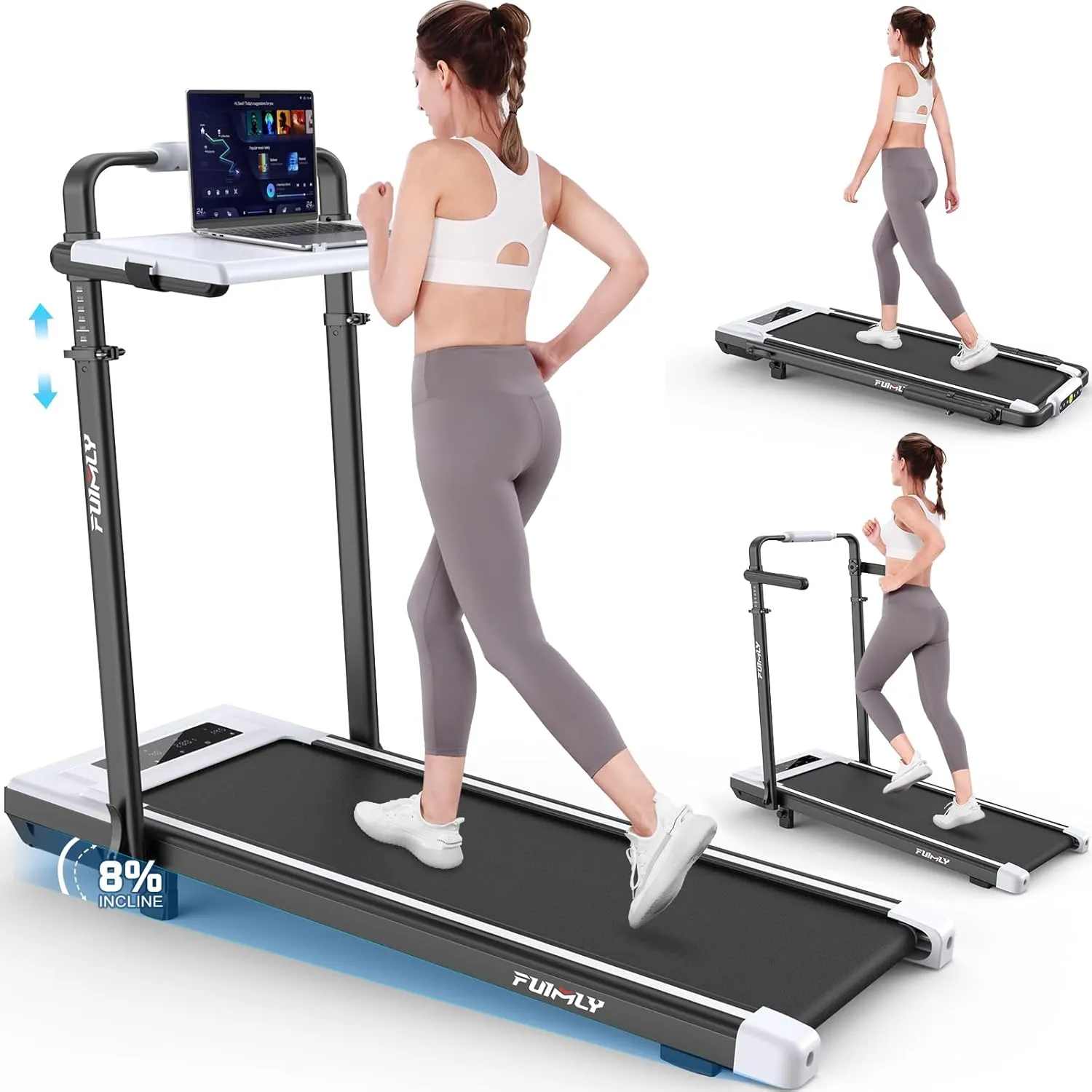 Walking Pad Treadmill with Desk Workstation, Incline Foldable Treadmill with Handrail, 300lbs Capacity, 3 Control Methods, Folding Treadmills for Home Office