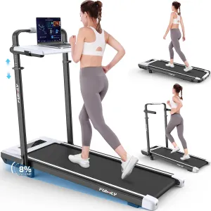 Walking Pad Treadmill with Desk Workstation, Incline Foldable Treadmill with Handrail, 300lbs Capacity, 3 Control Methods, Folding Treadmills for Home Office