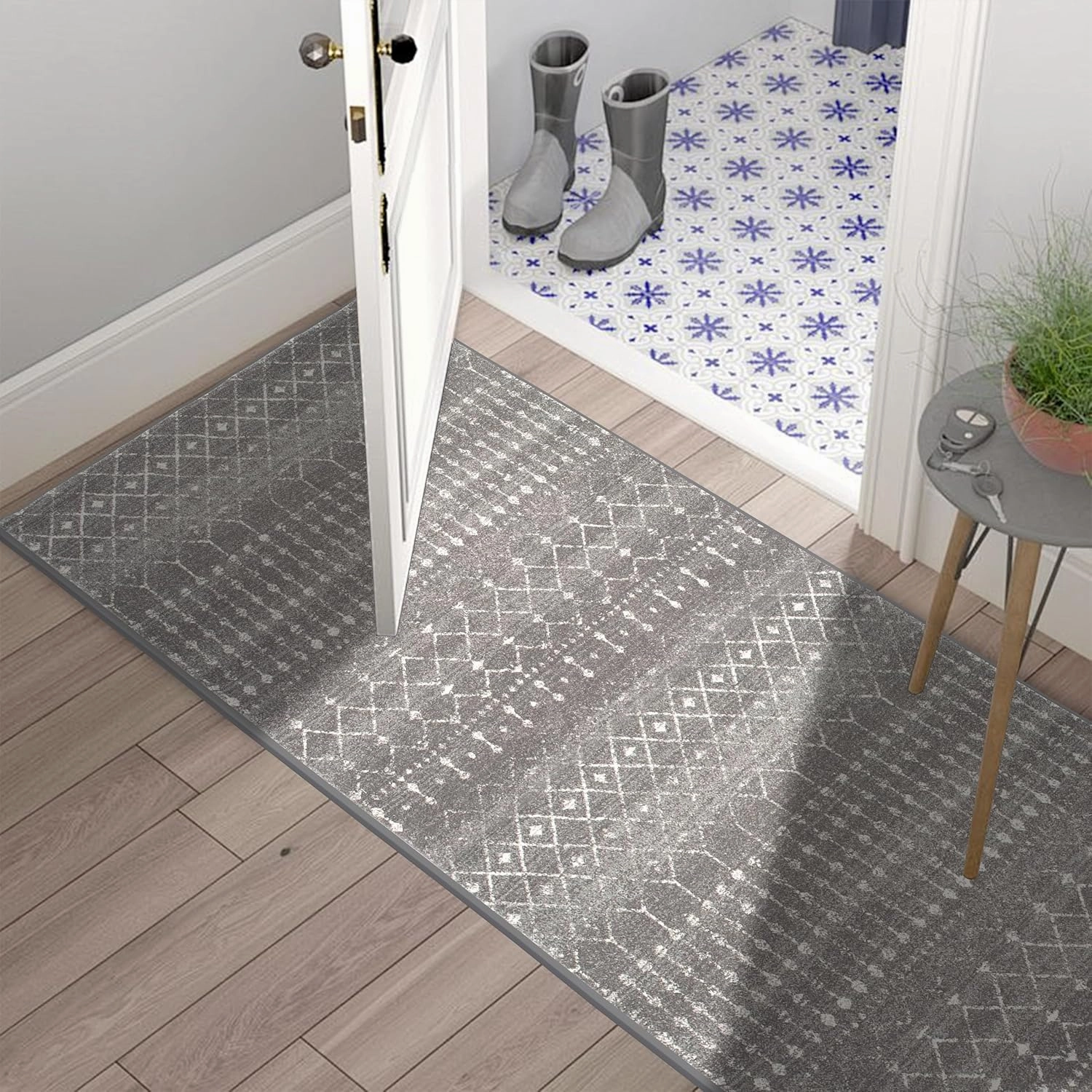 Washable Runner Rug 2'x6' Runner Rug for Hallway Grey with Distressed Geometric Floor Carpet Gray Long Non Slip for Kitchen,Bedroom,Bathroom Laundry