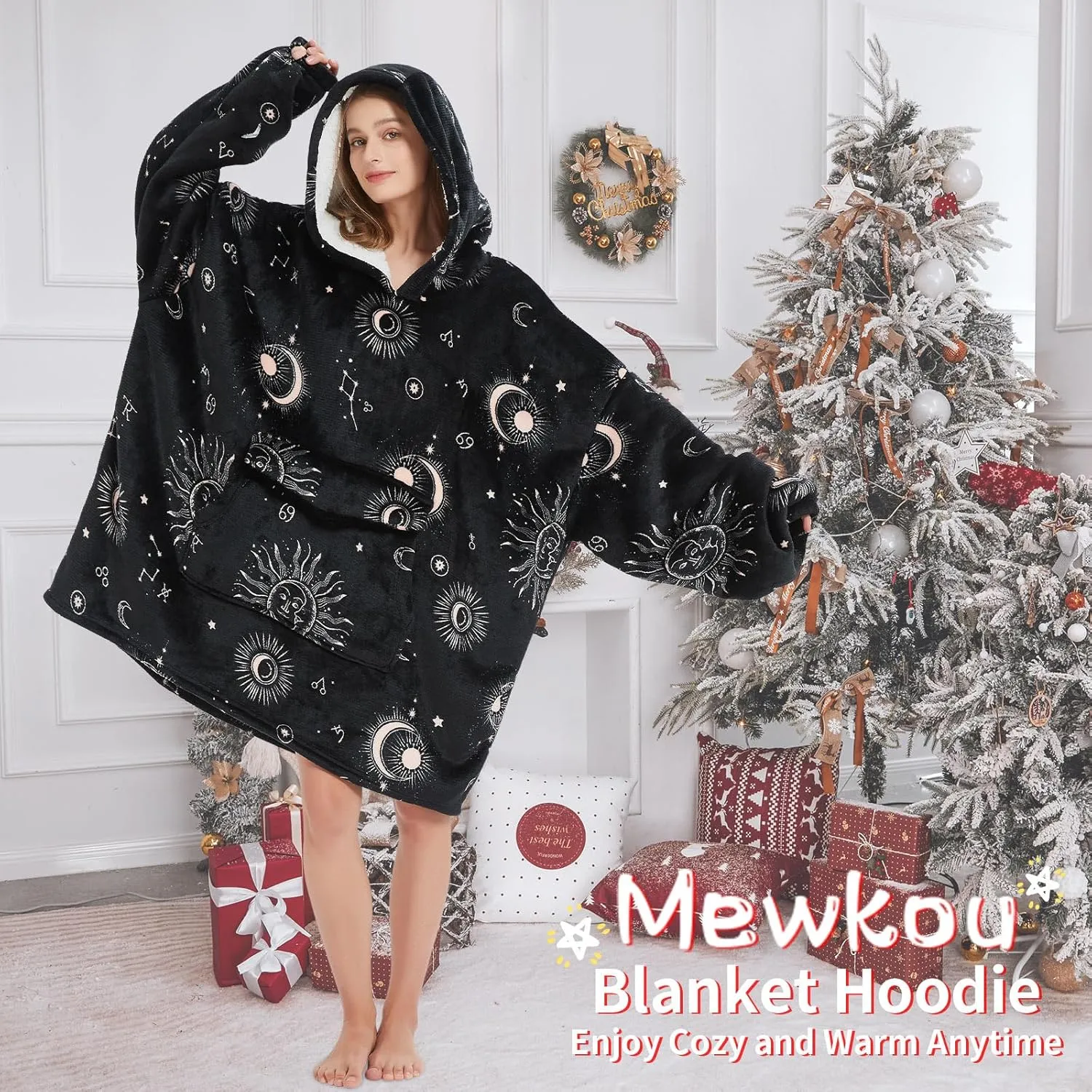 Wearable Blanket Hoodie for Adult,Oversized Sherpa Fleece Blanket Hoodie for Women Men,Sun and Moon