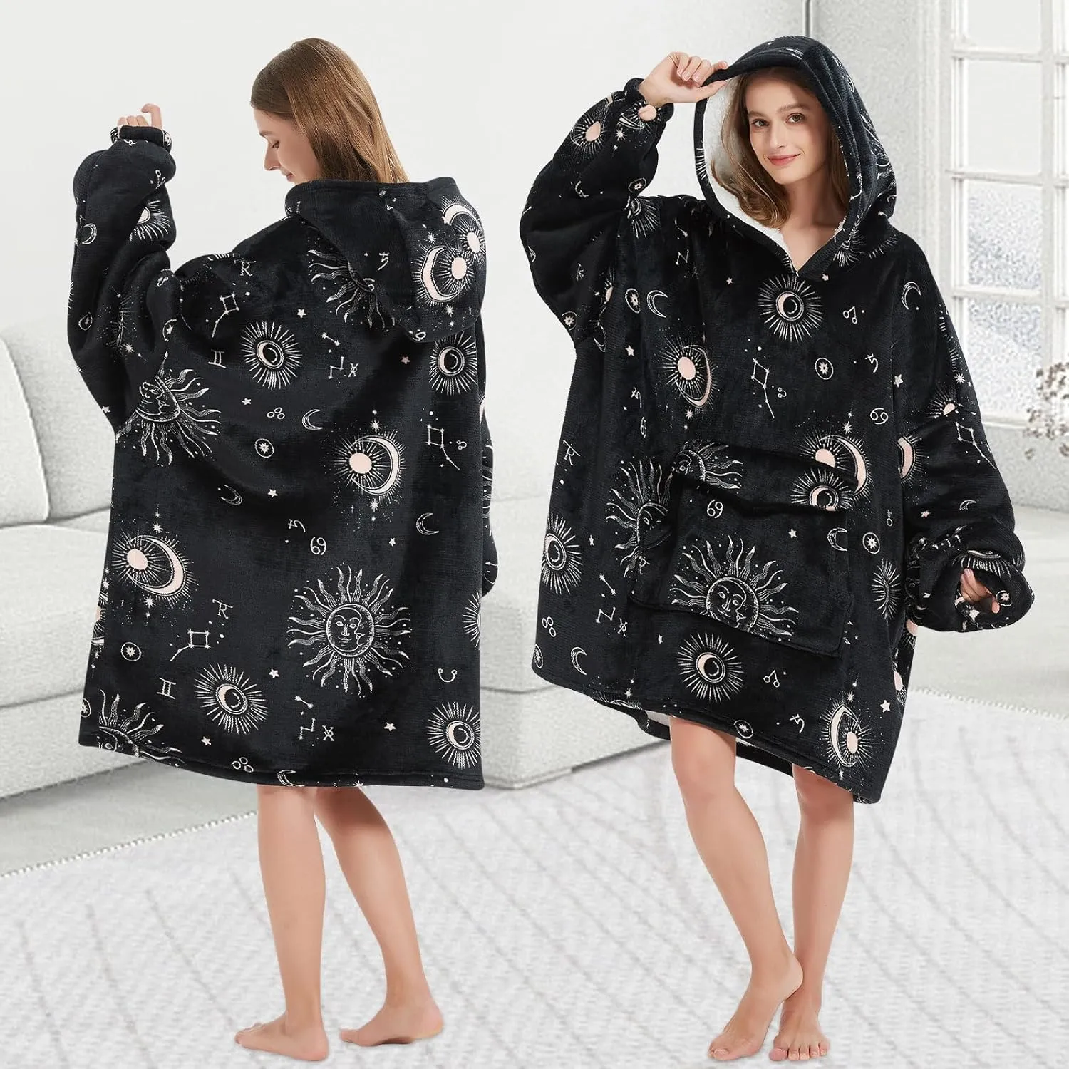 Wearable Blanket Hoodie for Adult,Oversized Sherpa Fleece Blanket Hoodie for Women Men,Sun and Moon