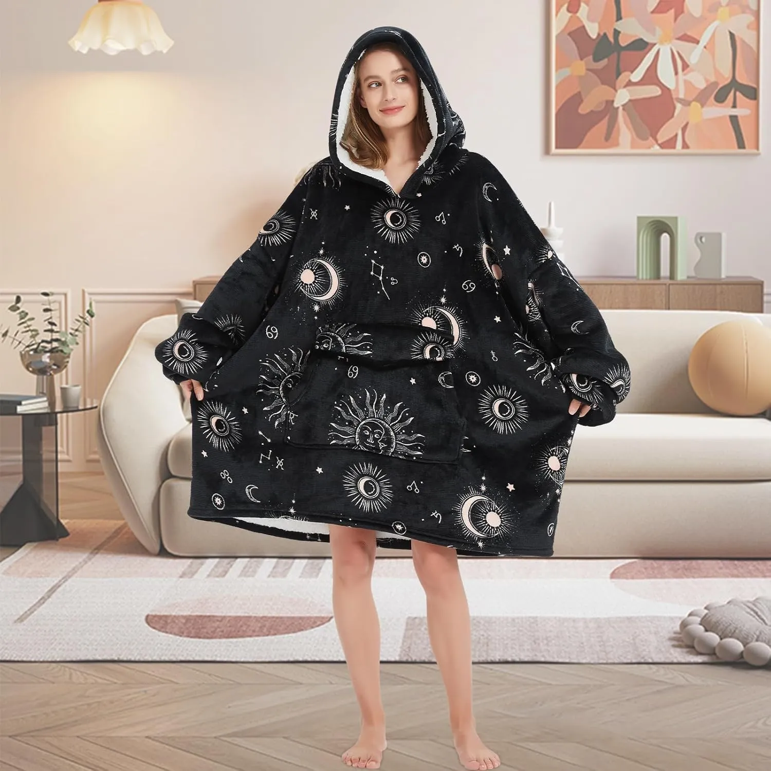 Wearable Blanket Hoodie for Adult,Oversized Sherpa Fleece Blanket Hoodie for Women Men,Sun and Moon