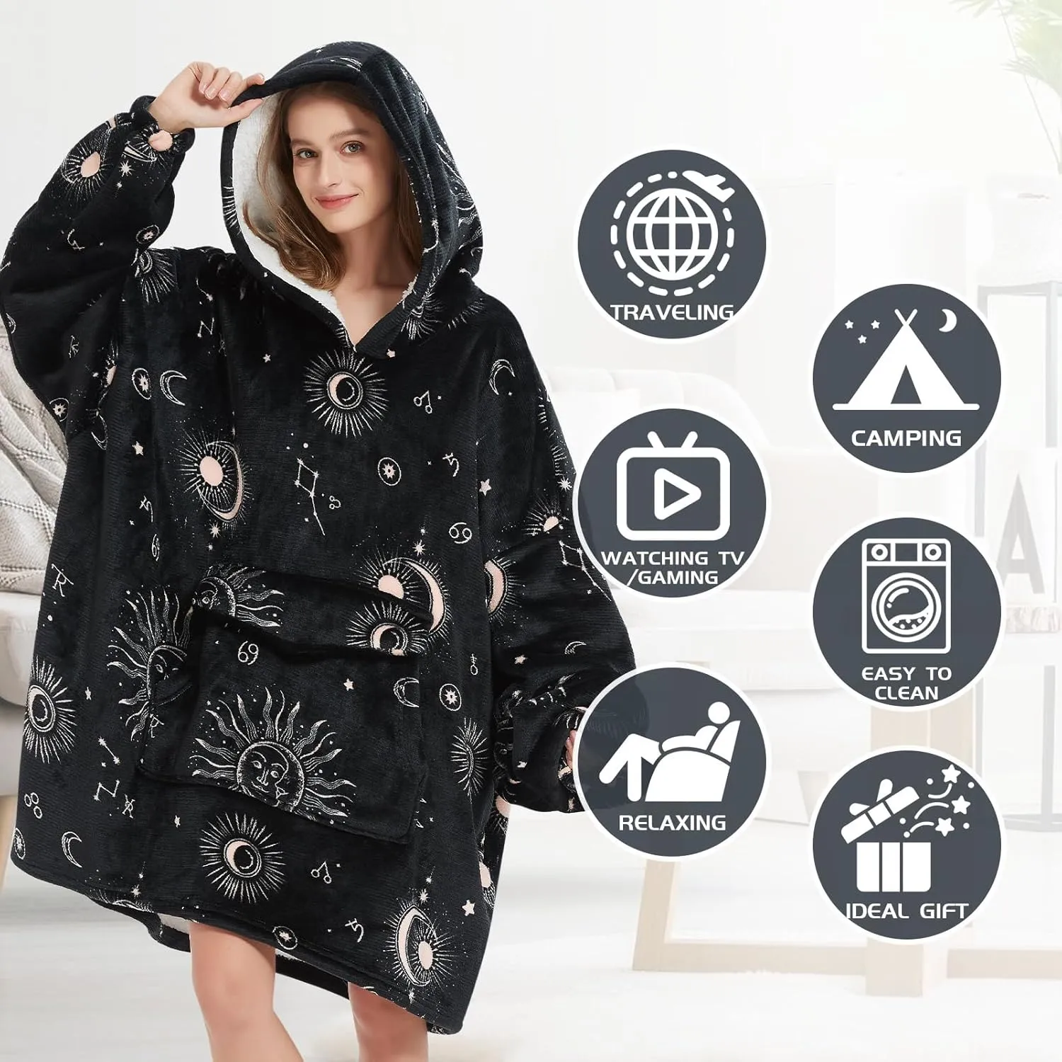 Wearable Blanket Hoodie for Adult,Oversized Sherpa Fleece Blanket Hoodie for Women Men,Sun and Moon