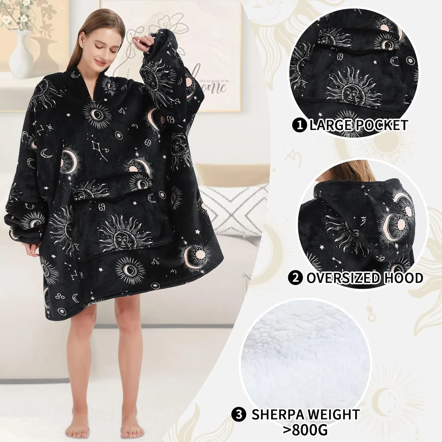 Wearable Blanket Hoodie for Adult,Oversized Sherpa Fleece Blanket Hoodie for Women Men,Sun and Moon