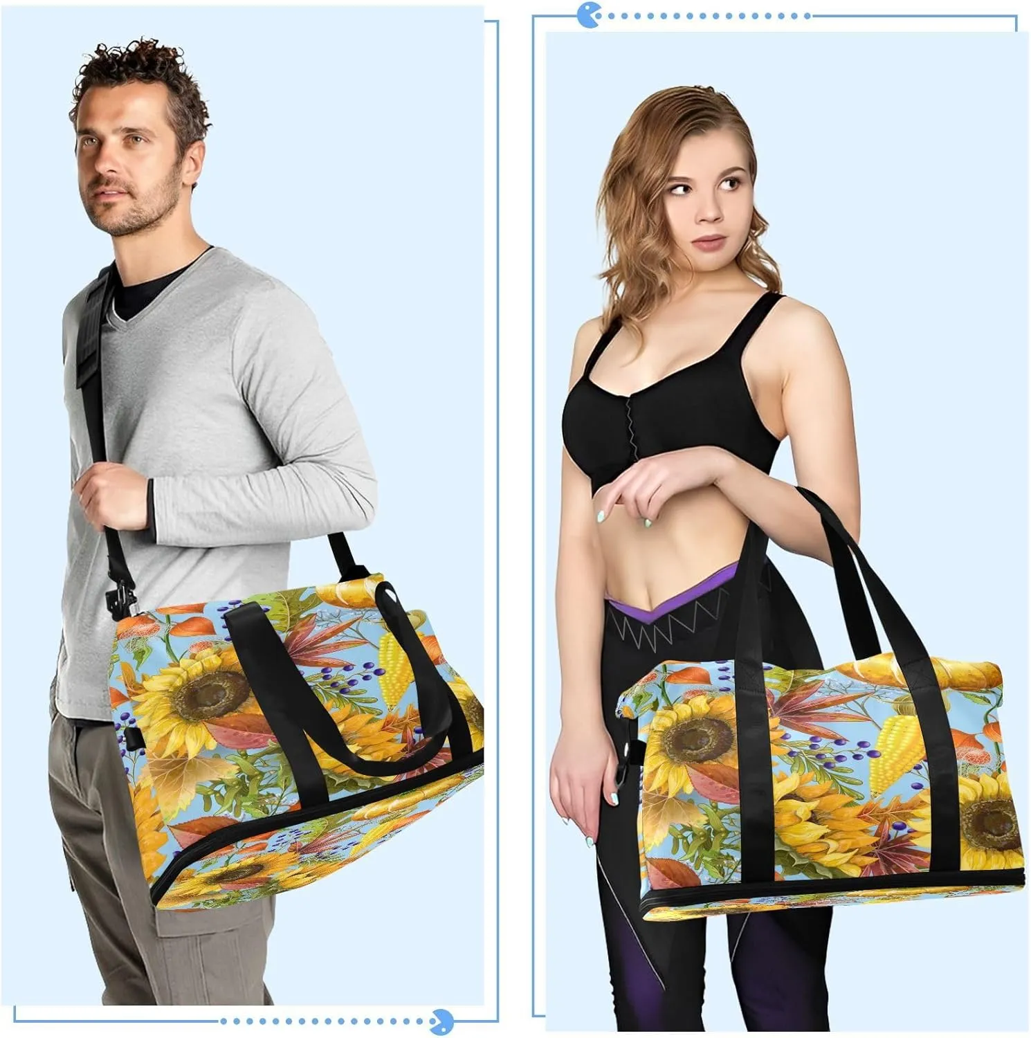 Weekender Overnight Bags for Women Sunflowers Pumpkins Travel Duffel Bag with Shoe Compartments Corn Autumn Gym Duffel Bag with Toiletry Bag for Travel Sport Yoga 17 Inch