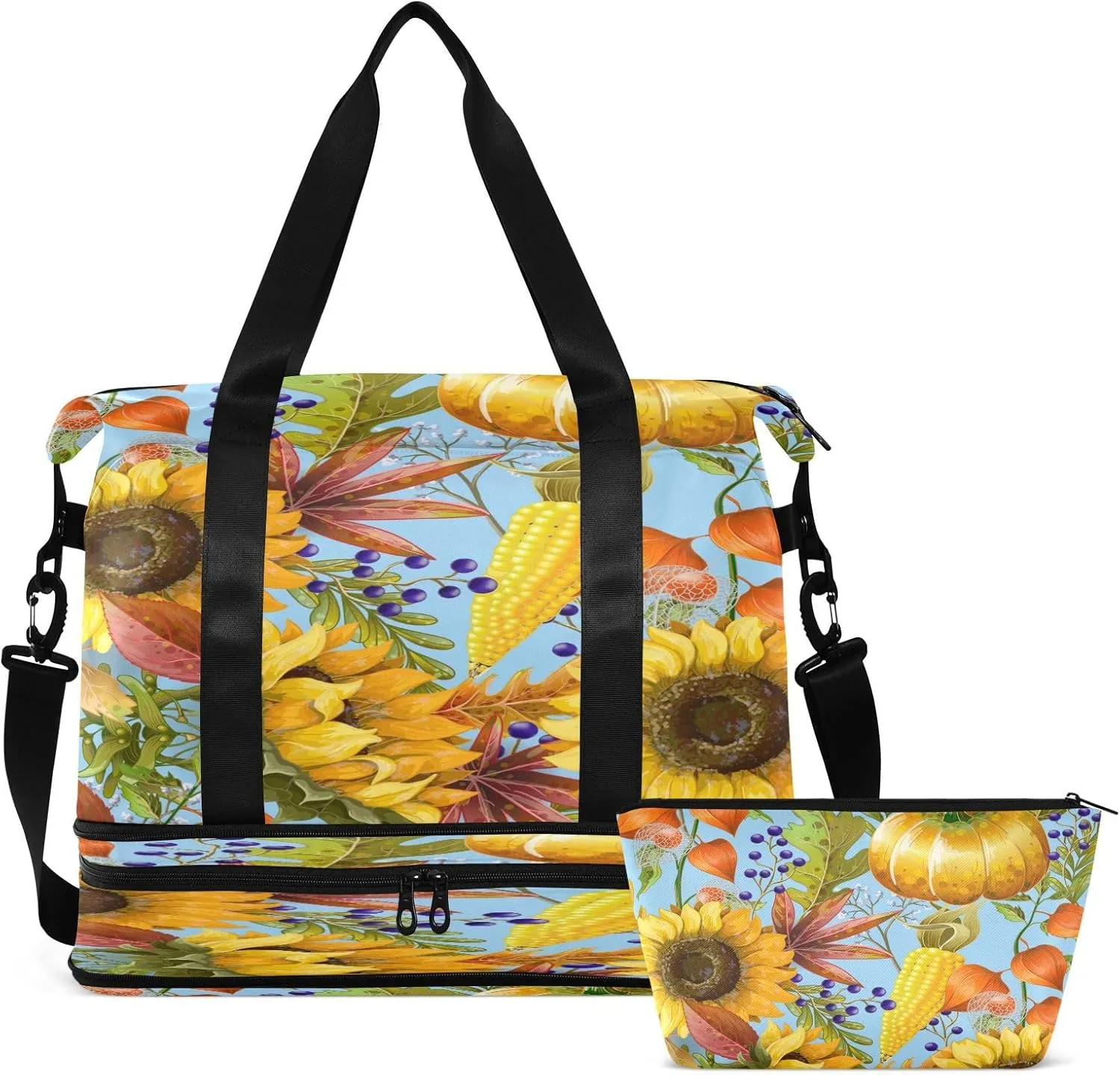 Weekender Overnight Bags for Women Sunflowers Pumpkins Travel Duffel Bag with Shoe Compartments Corn Autumn Gym Duffel Bag with Toiletry Bag for Travel Sport Yoga 17 Inch