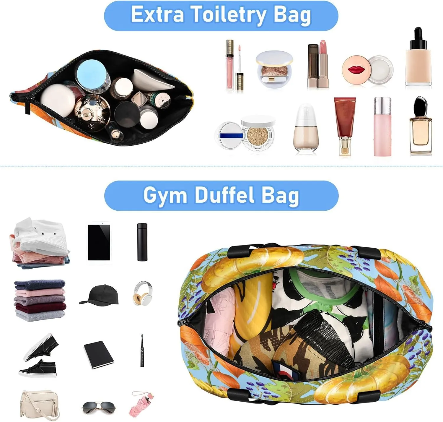 Weekender Overnight Bags for Women Sunflowers Pumpkins Travel Duffel Bag with Shoe Compartments Corn Autumn Gym Duffel Bag with Toiletry Bag for Travel Sport Yoga 17 Inch