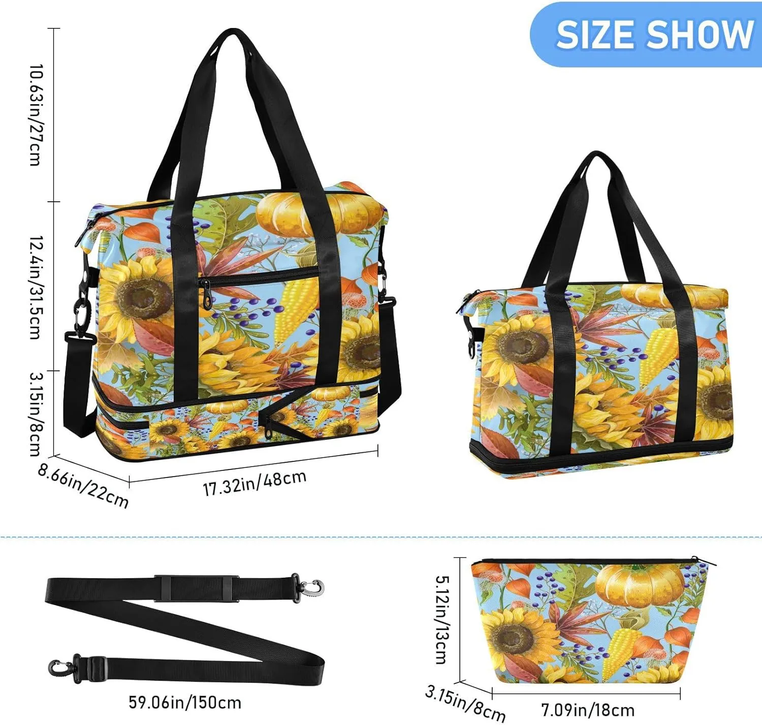Weekender Overnight Bags for Women Sunflowers Pumpkins Travel Duffel Bag with Shoe Compartments Corn Autumn Gym Duffel Bag with Toiletry Bag for Travel Sport Yoga 17 Inch