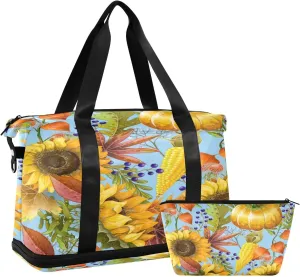 Weekender Overnight Bags for Women Sunflowers Pumpkins Travel Duffel Bag with Shoe Compartments Corn Autumn Gym Duffel Bag with Toiletry Bag for Travel Sport Yoga 17 Inch