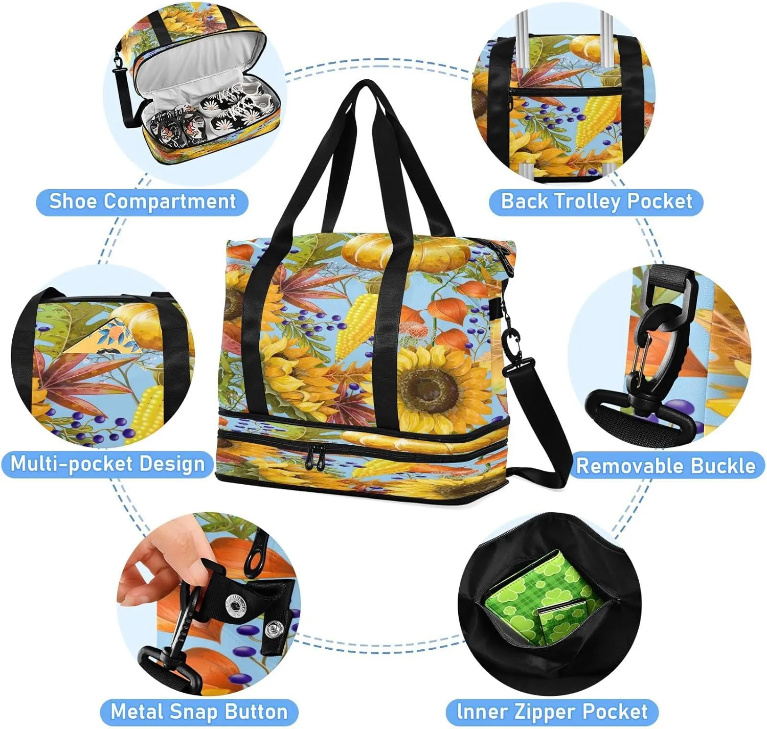 Weekender Overnight Bags for Women Sunflowers Pumpkins Travel Duffel Bag with Shoe Compartments Corn Autumn Gym Duffel Bag with Toiletry Bag for Travel Sport Yoga 17 Inch