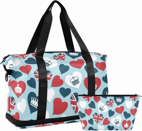 Weekender Overnight Bags for Women Union Jack and Crown Hearts Travel Duffel Bag with Shoe Compartments Gym Duffel Bag with Toiletry Bag for Travel Sport Yoga 17 Inch
