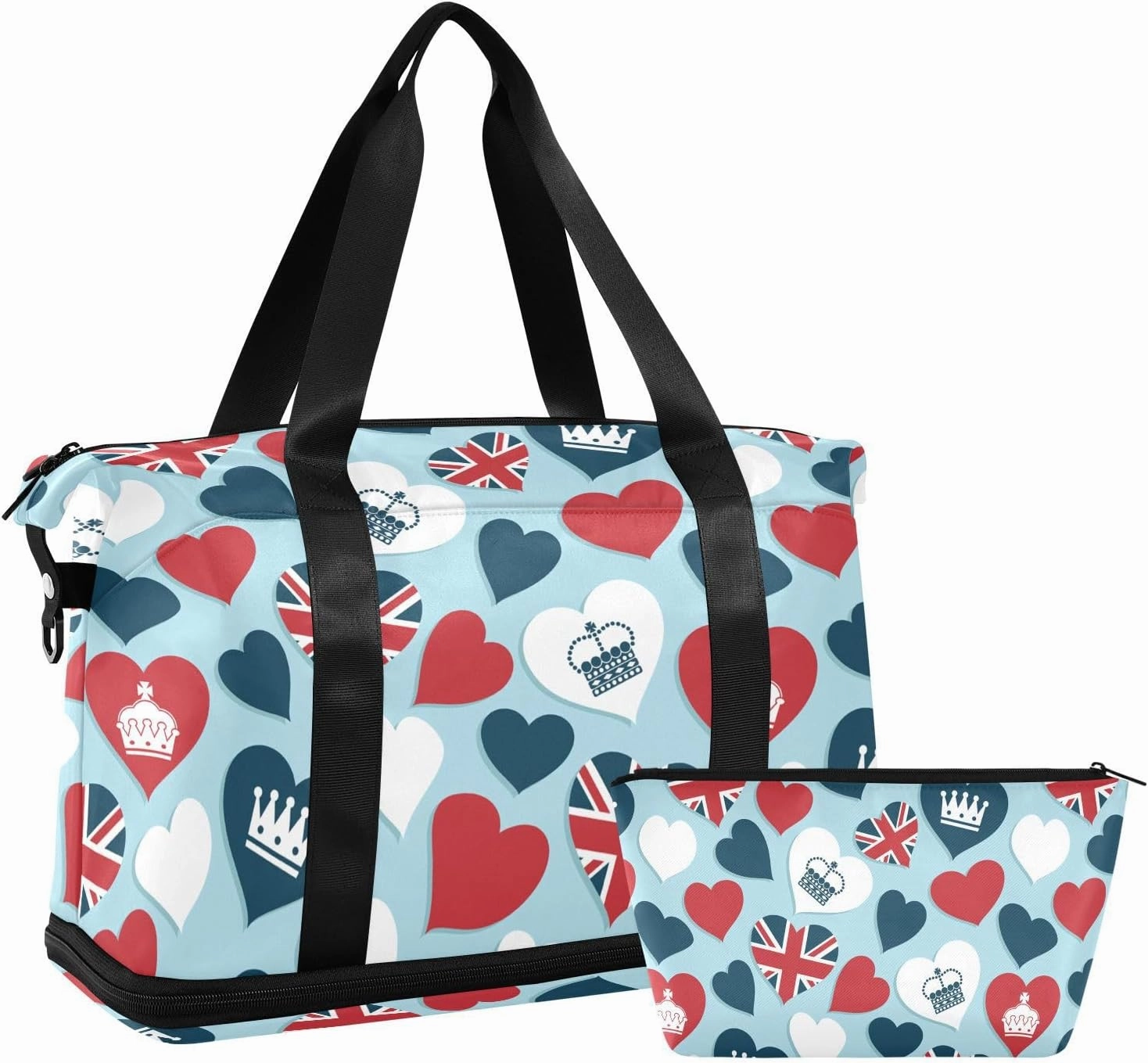 Weekender Overnight Bags for Women Union Jack and Crown Hearts Travel Duffel Bag with Shoe Compartments Gym Duffel Bag with Toiletry Bag for Travel Sport Yoga 17 Inch
